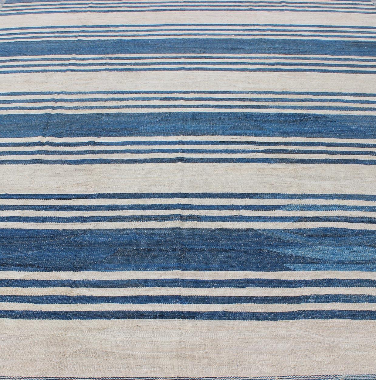 Blue Striped Design Flat-Weave Kilim Rug Versatile for Interiors 2