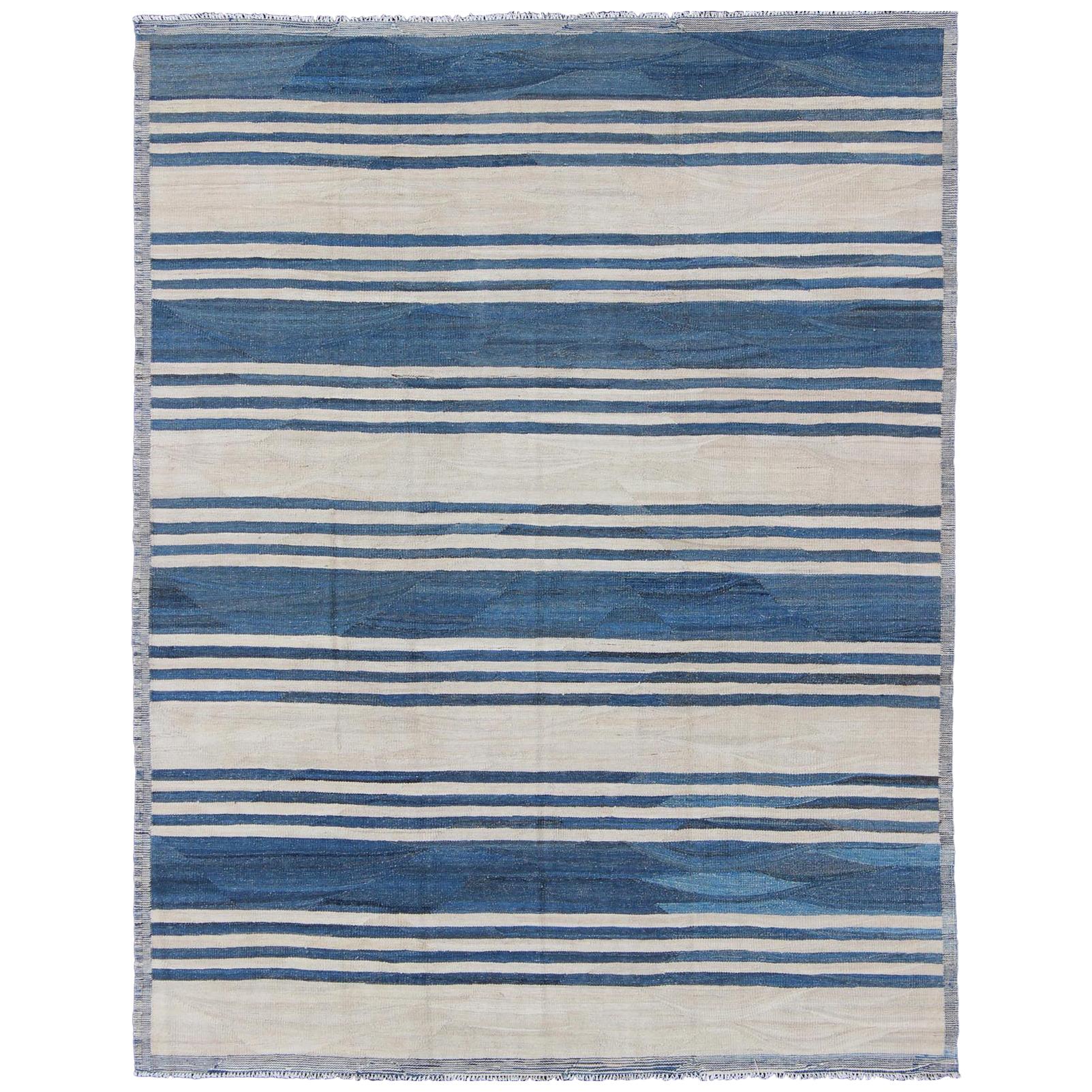 Blue Striped Design Flat-Weave Kilim Rug Versatile for Interiors