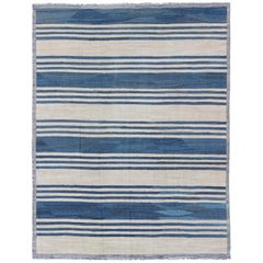 Blue Striped Design Flat-Weave Kilim Rug Versatile for Interiors