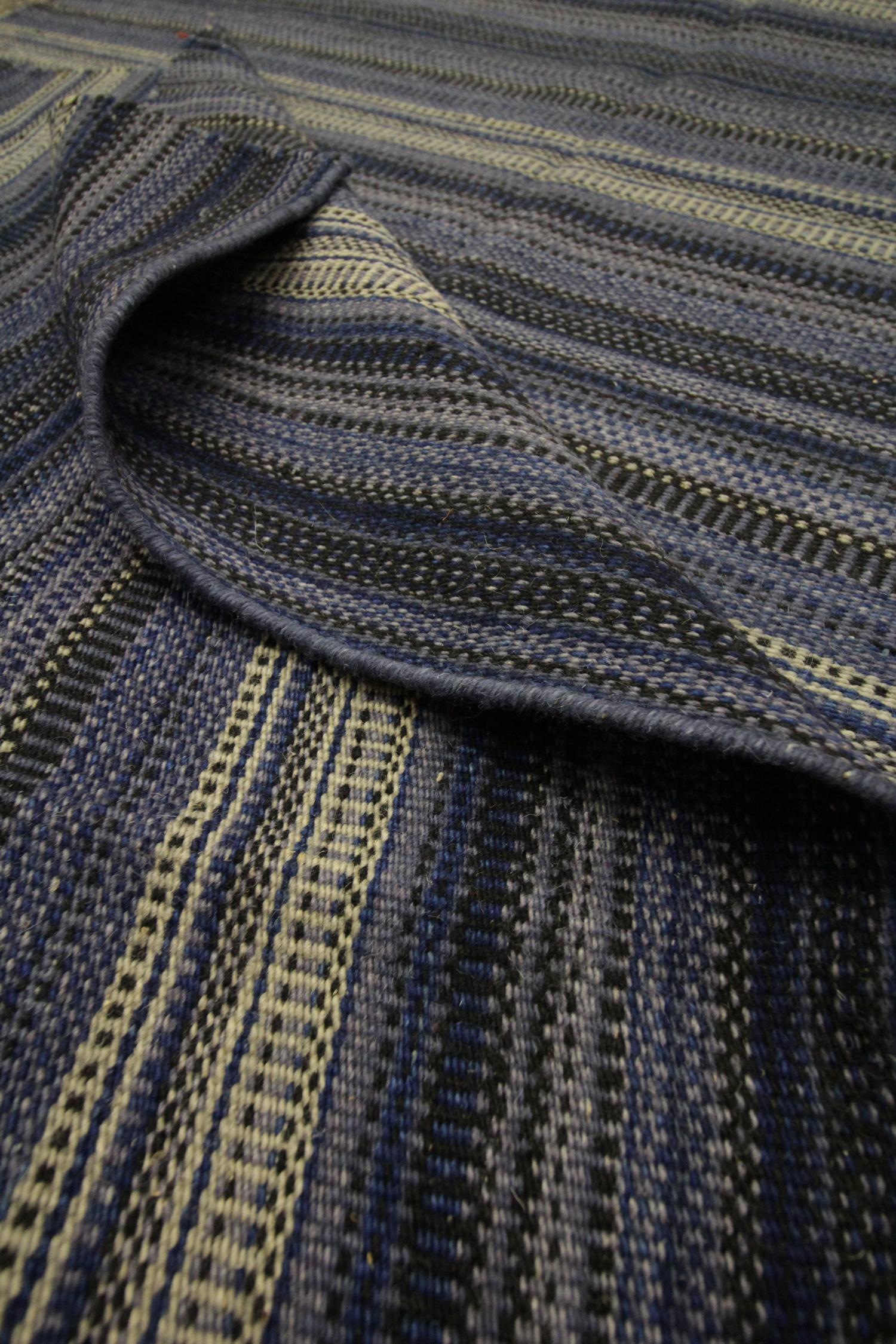 Vegetable Dyed Blue Striped Rug Kilim Area Rug Handwoven Modern Carpet Wool Rug- 122x183cm  For Sale