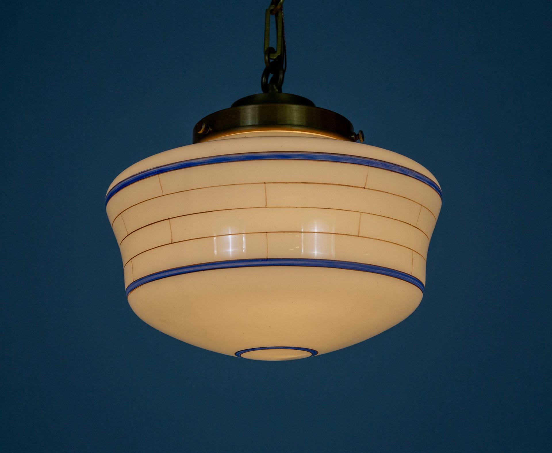 Blue Striped Milk Glass Schoolhouse Pendant Lights 'Pair' In Good Condition In San Francisco, CA