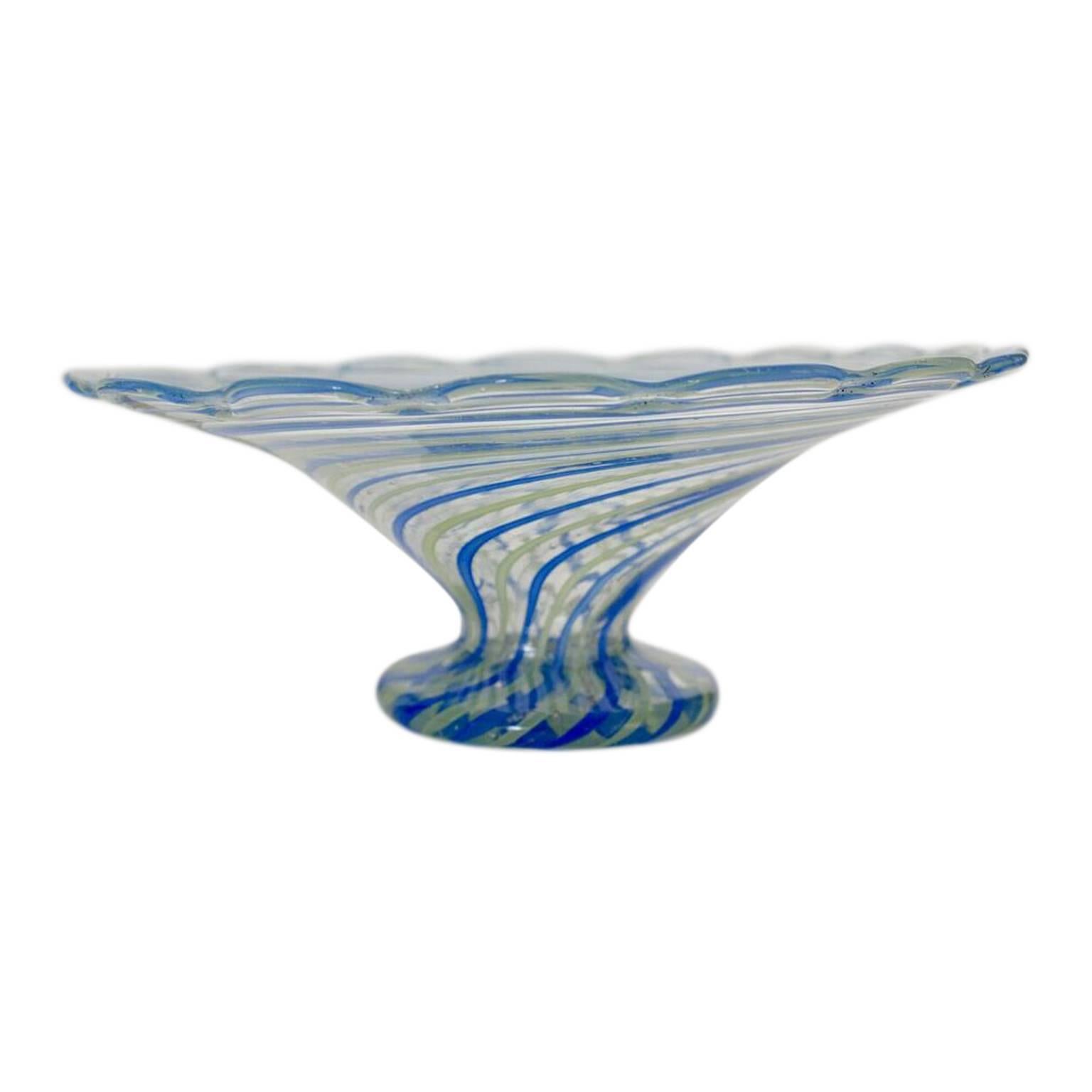 Hand-Crafted Italian Blue Striped Murano Sweet Meat Dish For Sale