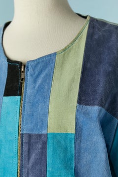 Blue suede patchwork jacket with zip closure in the middle front Karen Arnold