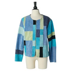 Blaue Patchwork-Jacke aus Wildleder mit Reißverschluss in der Mitte der Vorderseite Karen Arnold 