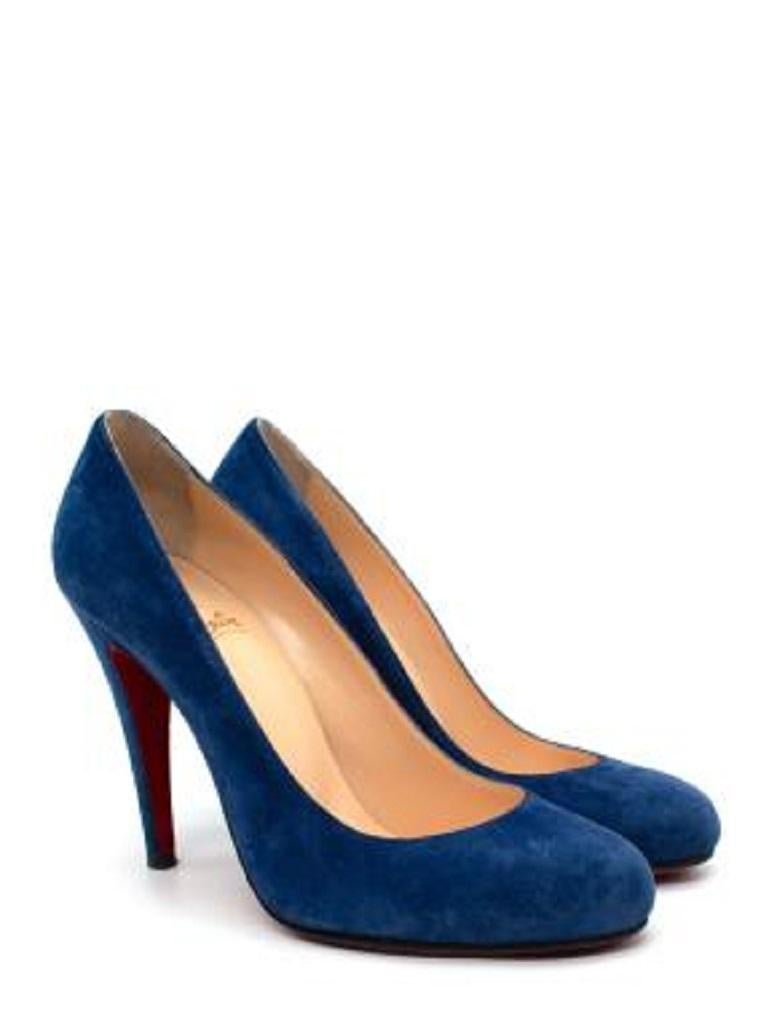 Christian Louboutin Blue Suede Round Toe Heeled Pumps
 
 - Soft suede in a rich blue hue
 - Classic shape with a round toe, and high stiletto heel
 - Signature red sole
 
 Materials 
 Suede 
 Leather 
 
 Made In Italy 
 
 9.5 
 Excellent Condition,