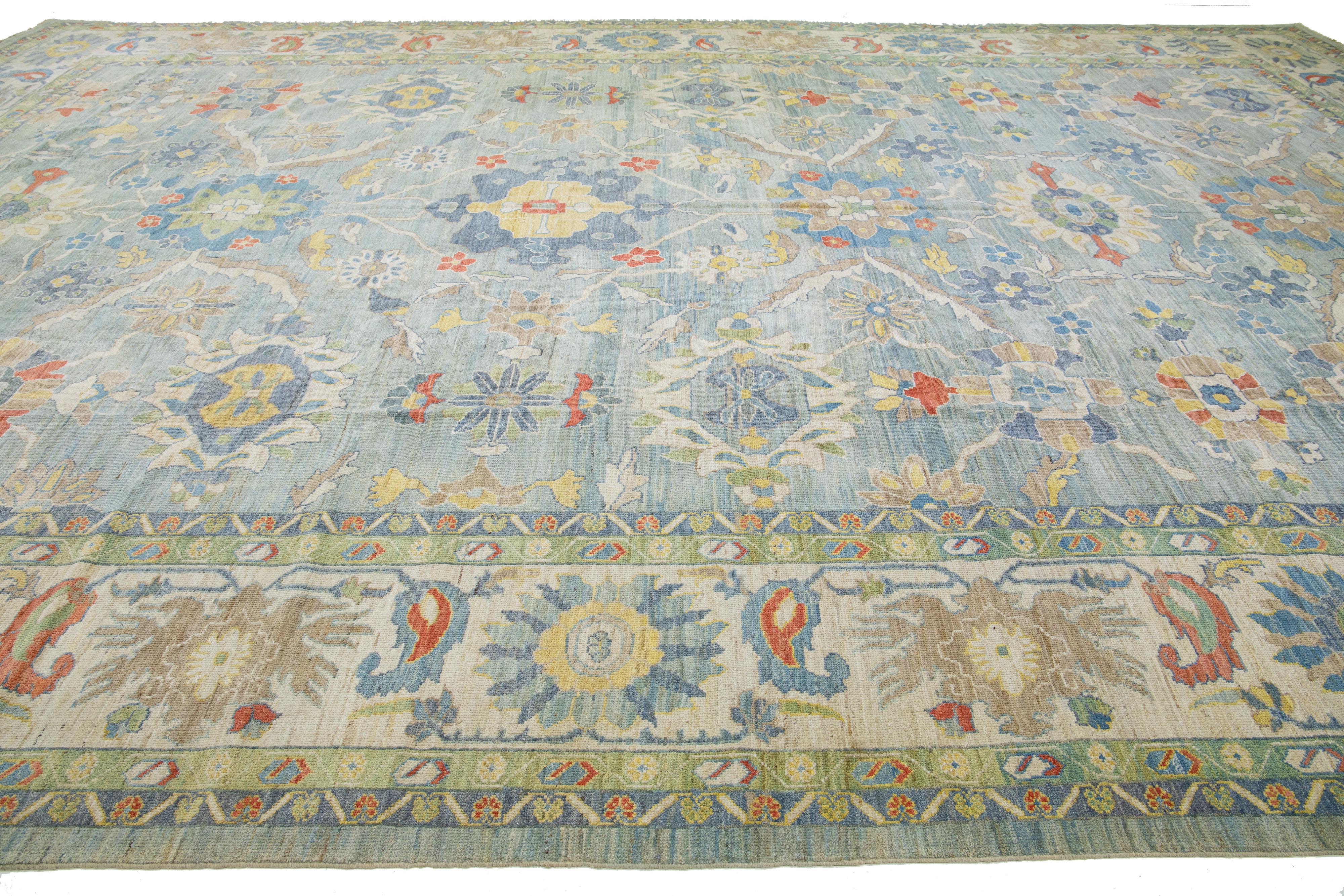 Hand-Knotted  Blue Sultanabad Oversize Wool Rug with Modern Floral Design For Sale
