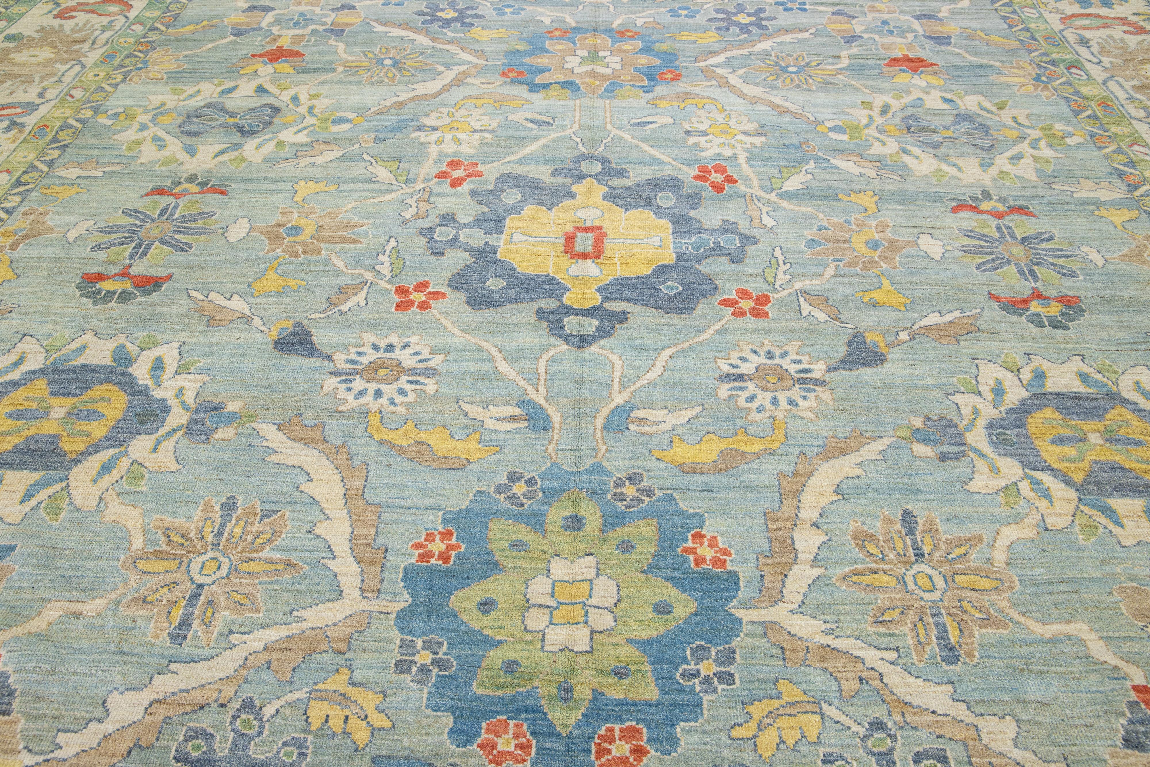 Contemporary  Blue Sultanabad Oversize Wool Rug with Modern Floral Design For Sale