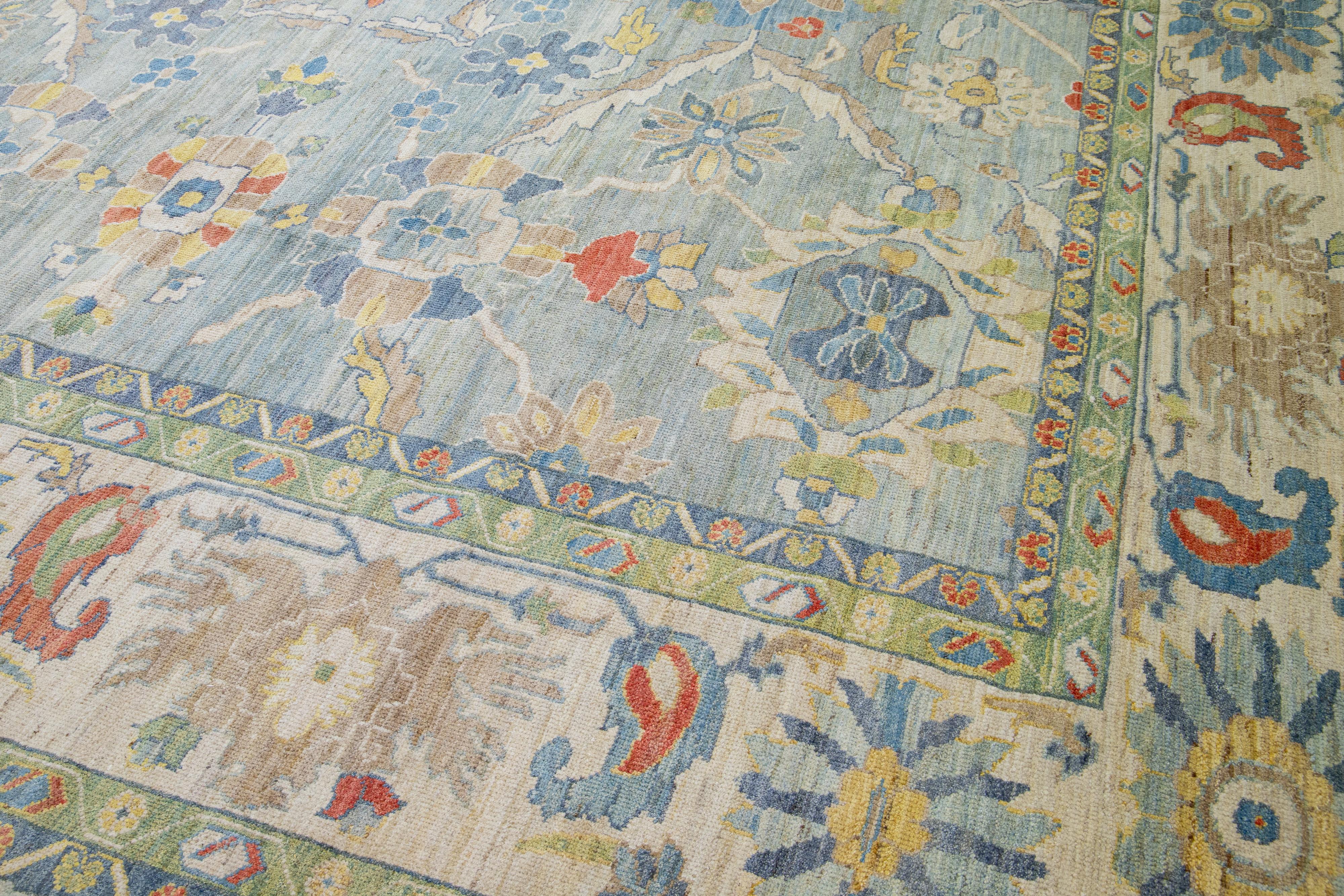  Blue Sultanabad Oversize Wool Rug with Modern Floral Design For Sale 1