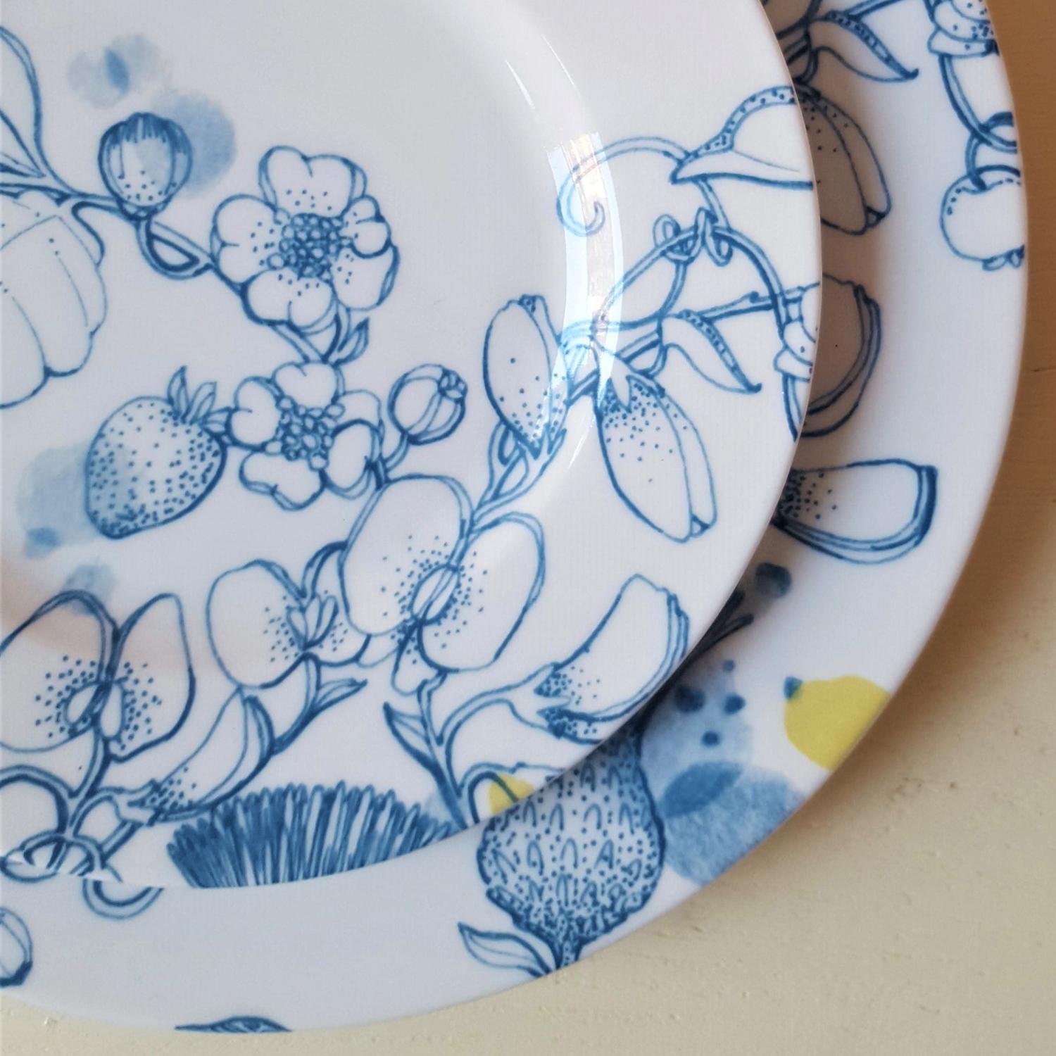 Italian Blue Summer, Contemporary Porcelain Bread Plate with Blue Floral Design For Sale
