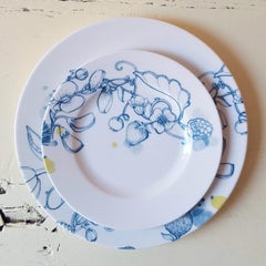 Blue Summer, Contemporary Porcelain Bread Plates Set with Blue Floral Design