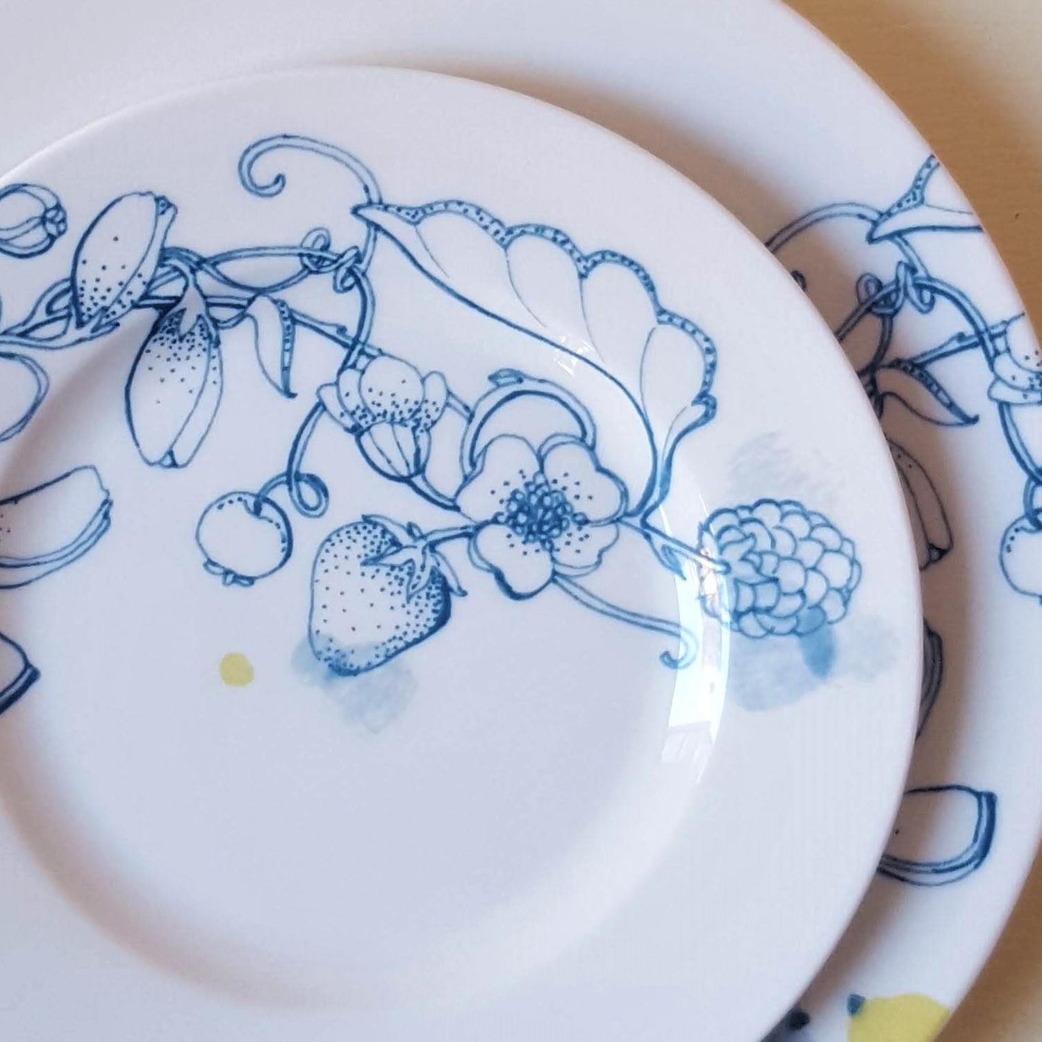 Italian Blue Summer, Contemporary Porcelain Bread Plates Set with Blue Floral Design For Sale