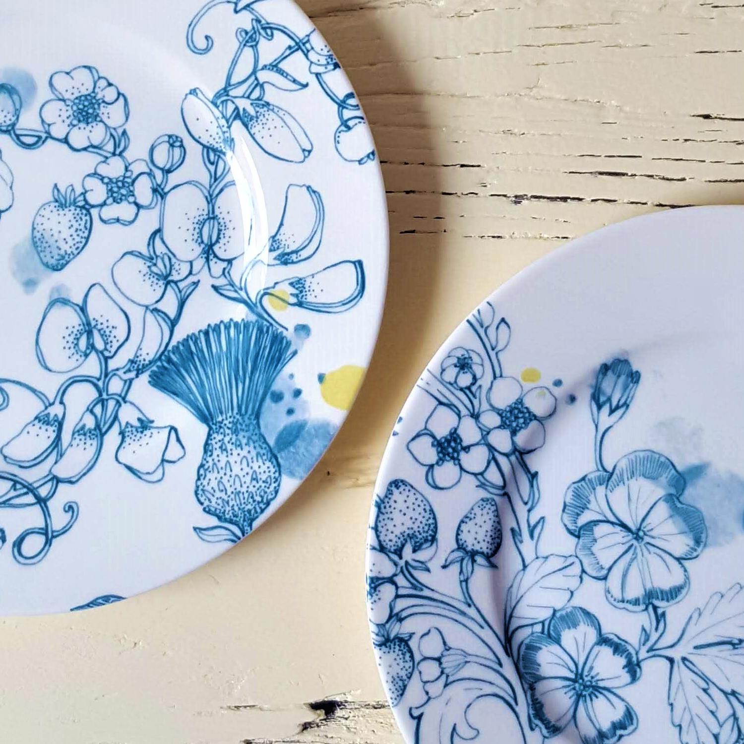 Italian Blue Summer, Contemporary Porcelain Dessert Plate with Blue Floral Design For Sale