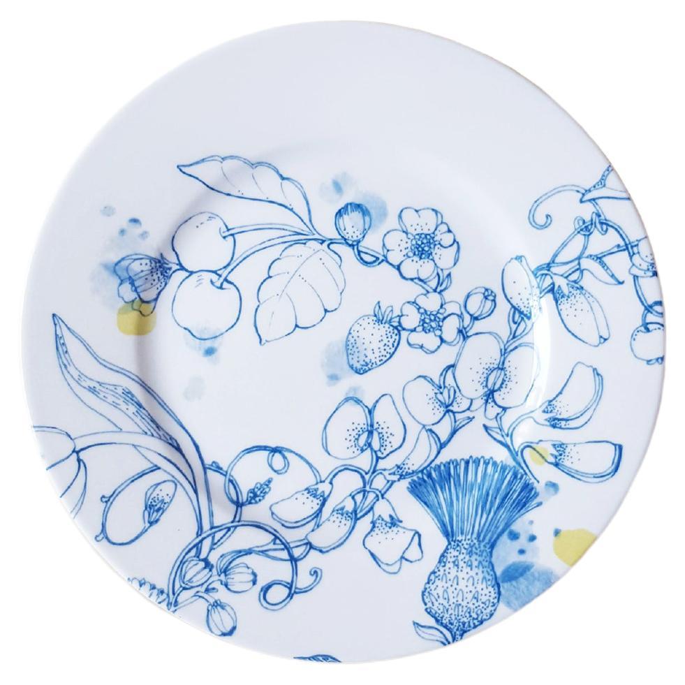 Blue Summer, Contemporary Porcelain Dessert Plate with Blue Floral Design For Sale