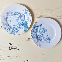 Blue Summer, Contemporary Porcelain Dessert Plates Set with Blue Floral Design