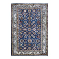 Blue Super Kazak Geometric Design Pure Wool Hand Knotted Oriental Rug