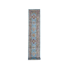 Blue Super Kazak Geometric Design Pure Wool Hand Knotted Runner Rug