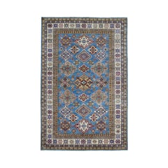 Blue Super Kazak Pure Wool Geometric Design Hand Knotted Oriental Rug