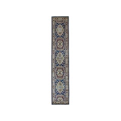 Blue Super Kazak Pure Wool Geometric Design Hand Knotted Runner Rug