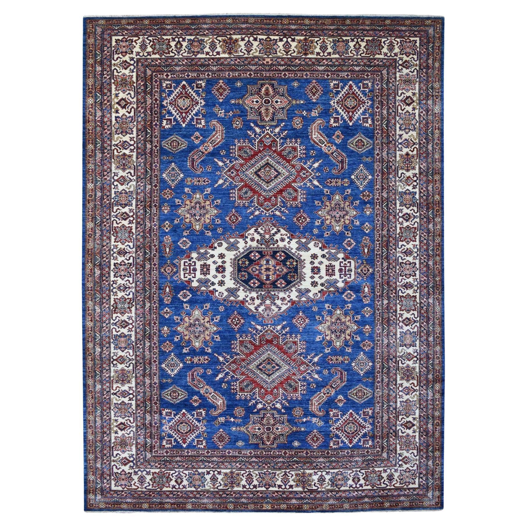 Blue Super Kazak with Geometric Medallion Design Hand Knotted Wool Rug 8'10"x12'