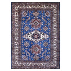 Tapis en laine noué à la main bleu super Kazak avec motif géométrique de médaillon 8'10"x12'