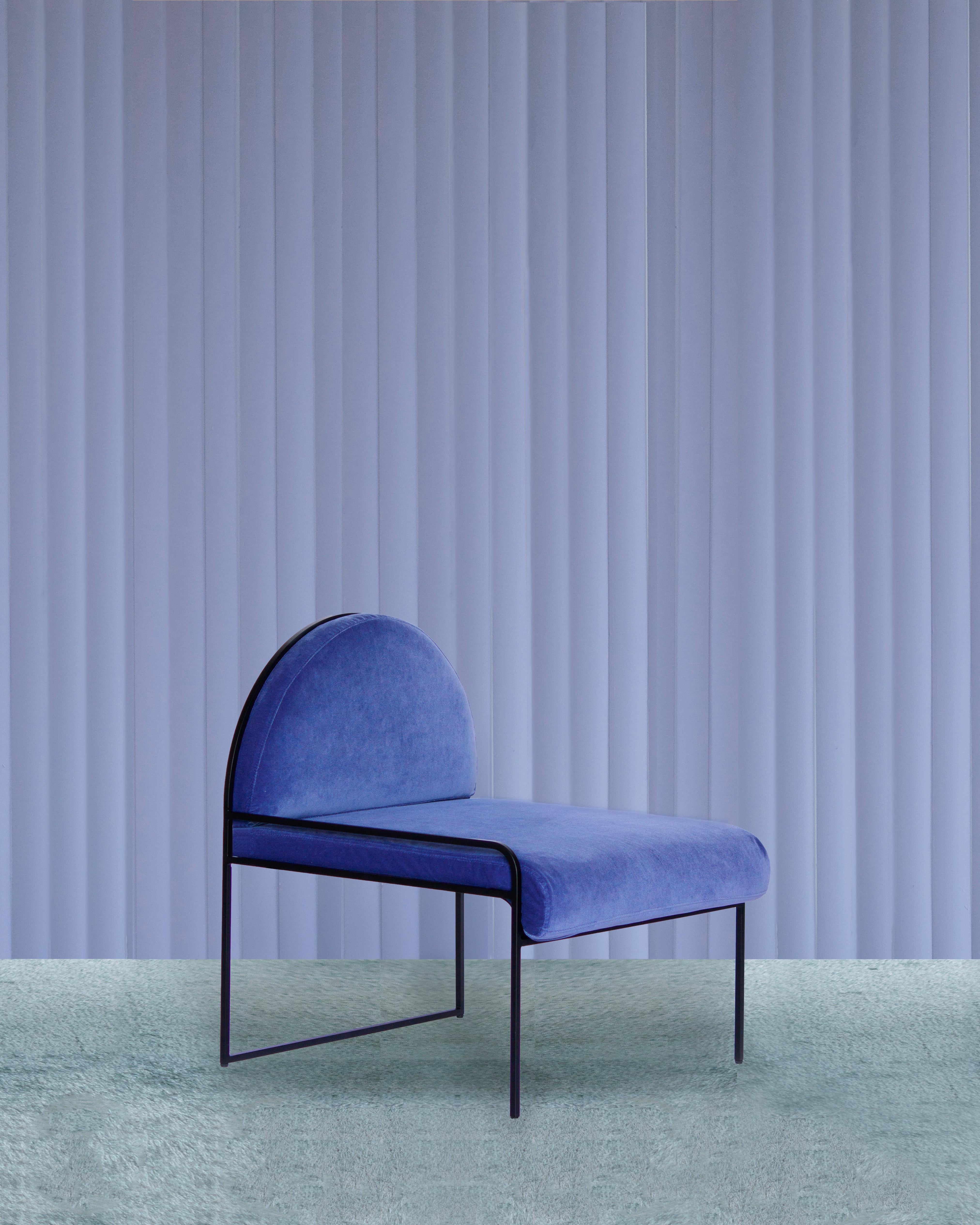 Blue SW velvet chair by Soft-geometry
Materials: Velvet, stainless steel
Dimensions: 26 x 26 x 30” H 

Chair dressed in crisp velvet upholstery on a simple arched frame in stainless steel. Finding a delicate softness within its stark minimalism