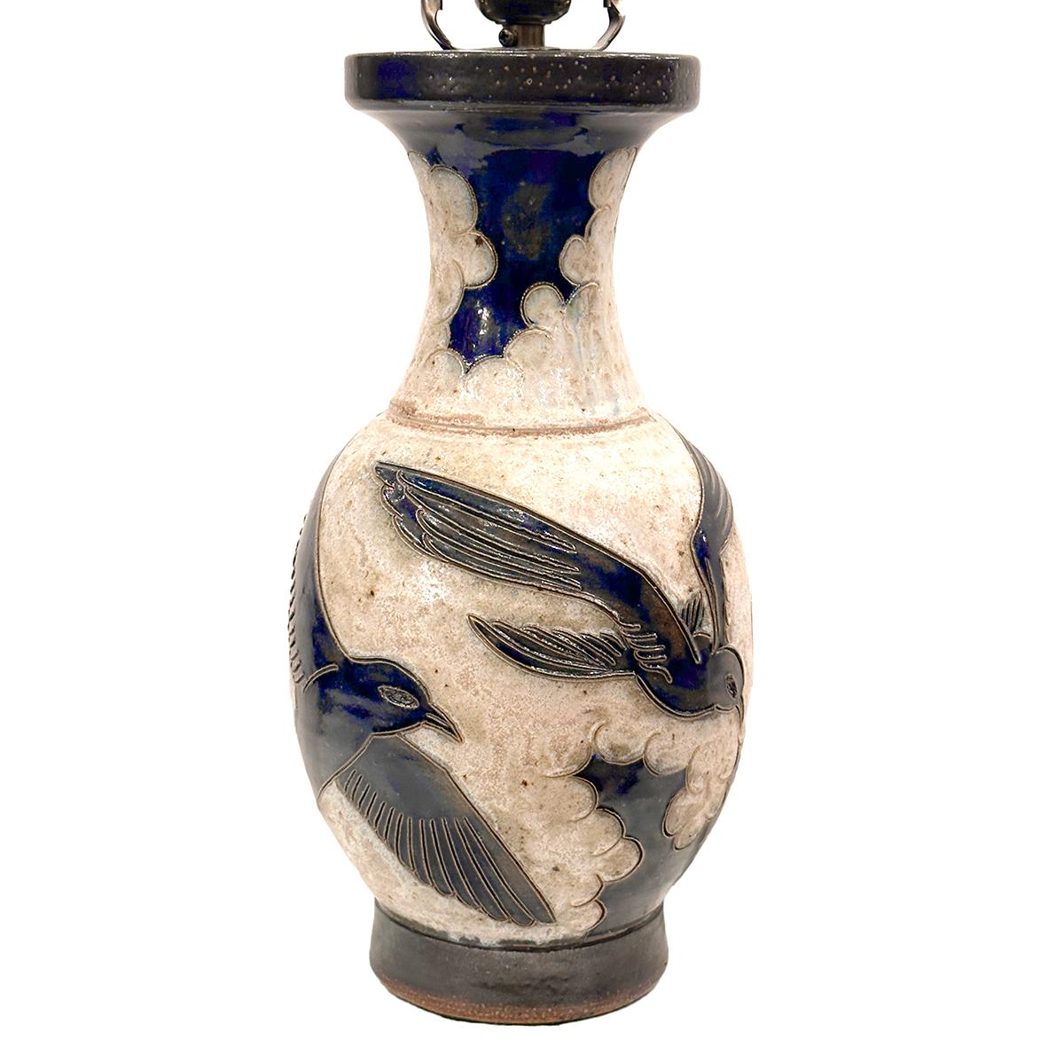A circa 1960s French ceramic lamp with blue birds.

Measurements:
Height of body: 13