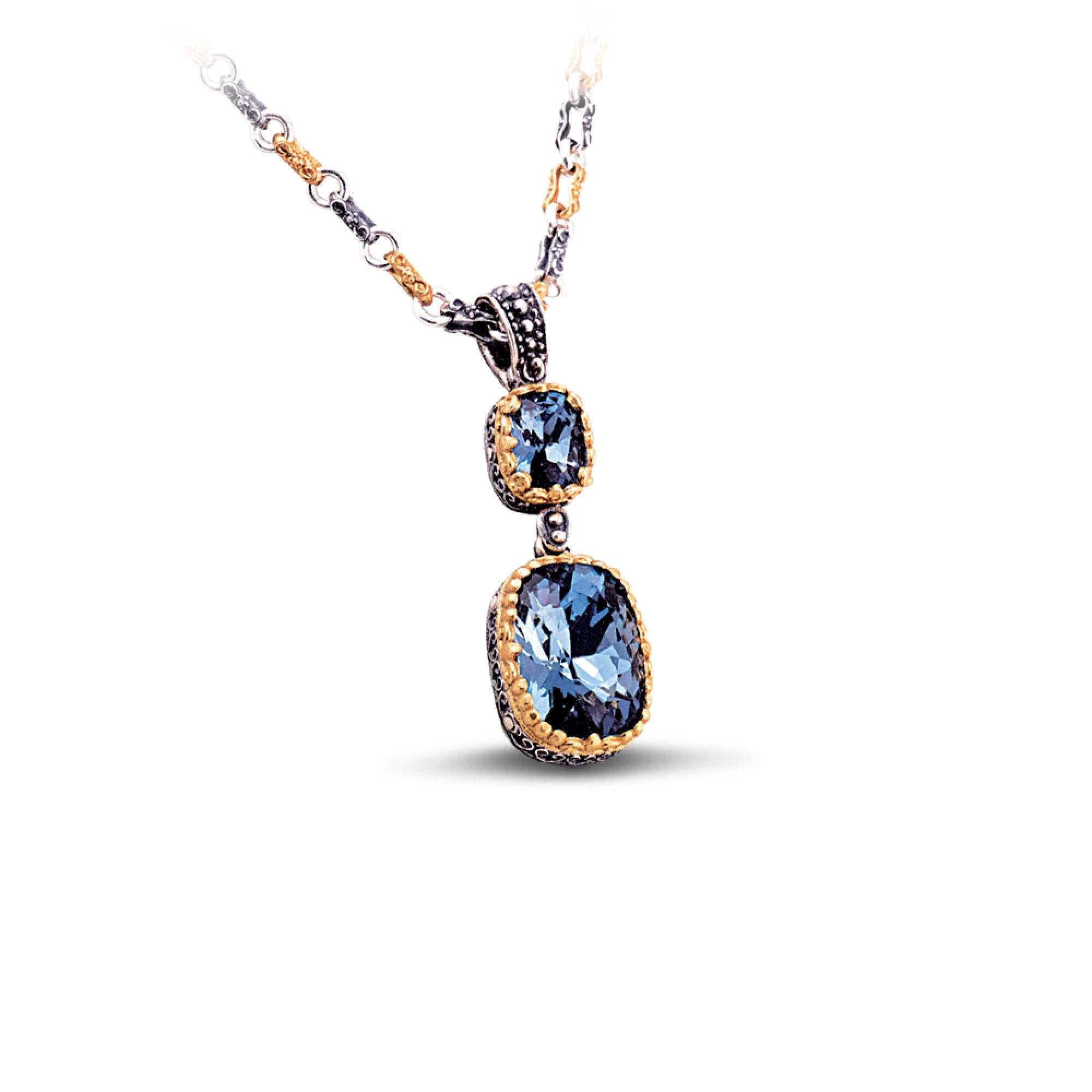From the Passatempo collection, a beautiful pendant with blue Swarovski crystals in ornate gold-plated bezels.

The pendant comes with the handmade tricolor chain, signature of Dimitrios Exclusive.

