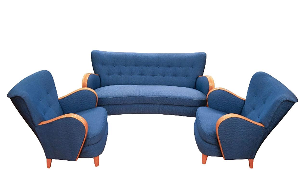 Woodwork Blue Swedish Art Deco Lounge Group, 1940 For Sale