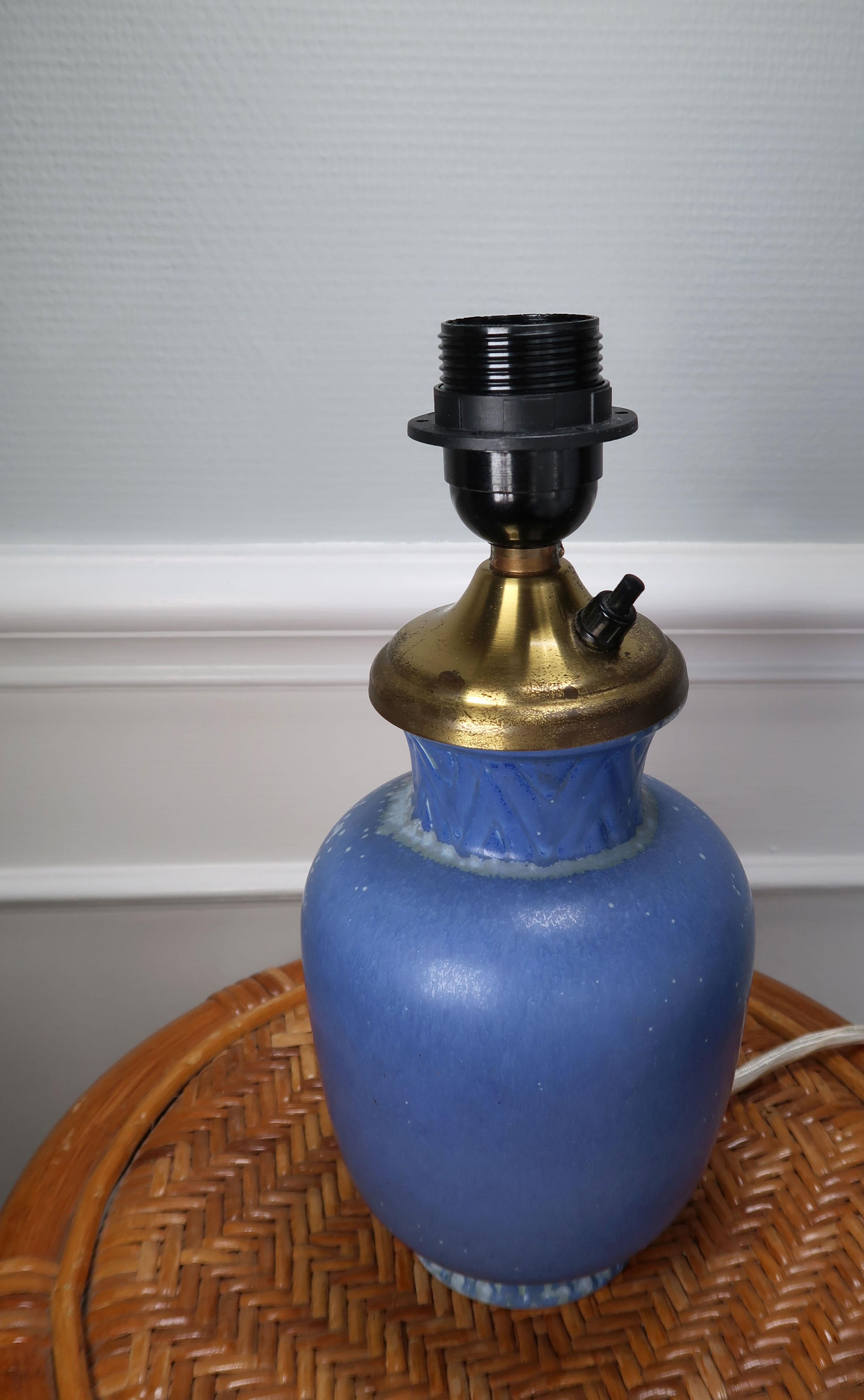 Glazed Blue Swedish Ceramic Gunnar Nylund for Rörstrand Brass Top Table Lamp, 1960s