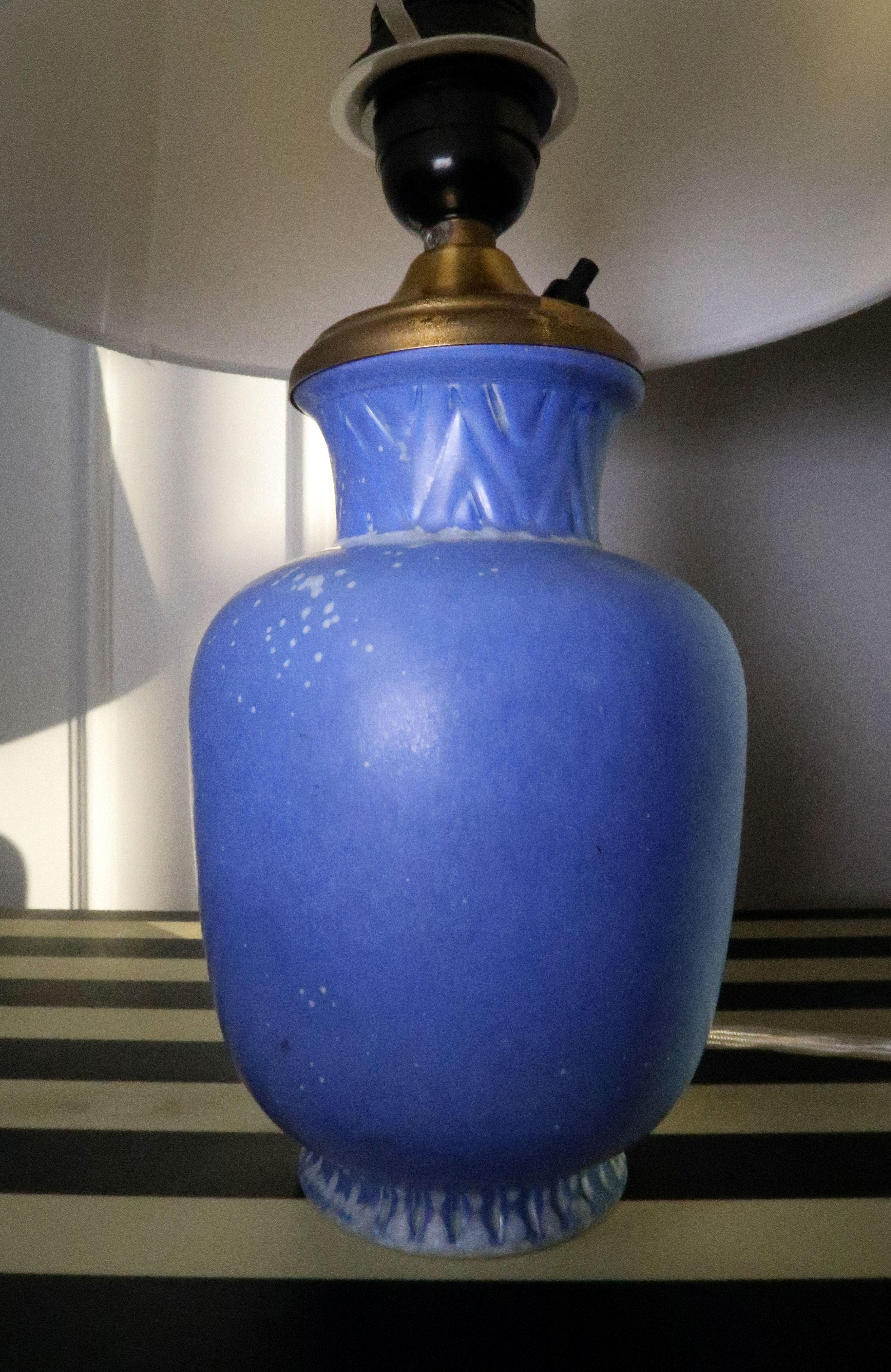 Blue Swedish Ceramic Gunnar Nylund for Rörstrand Brass Top Table Lamp, 1960s 2