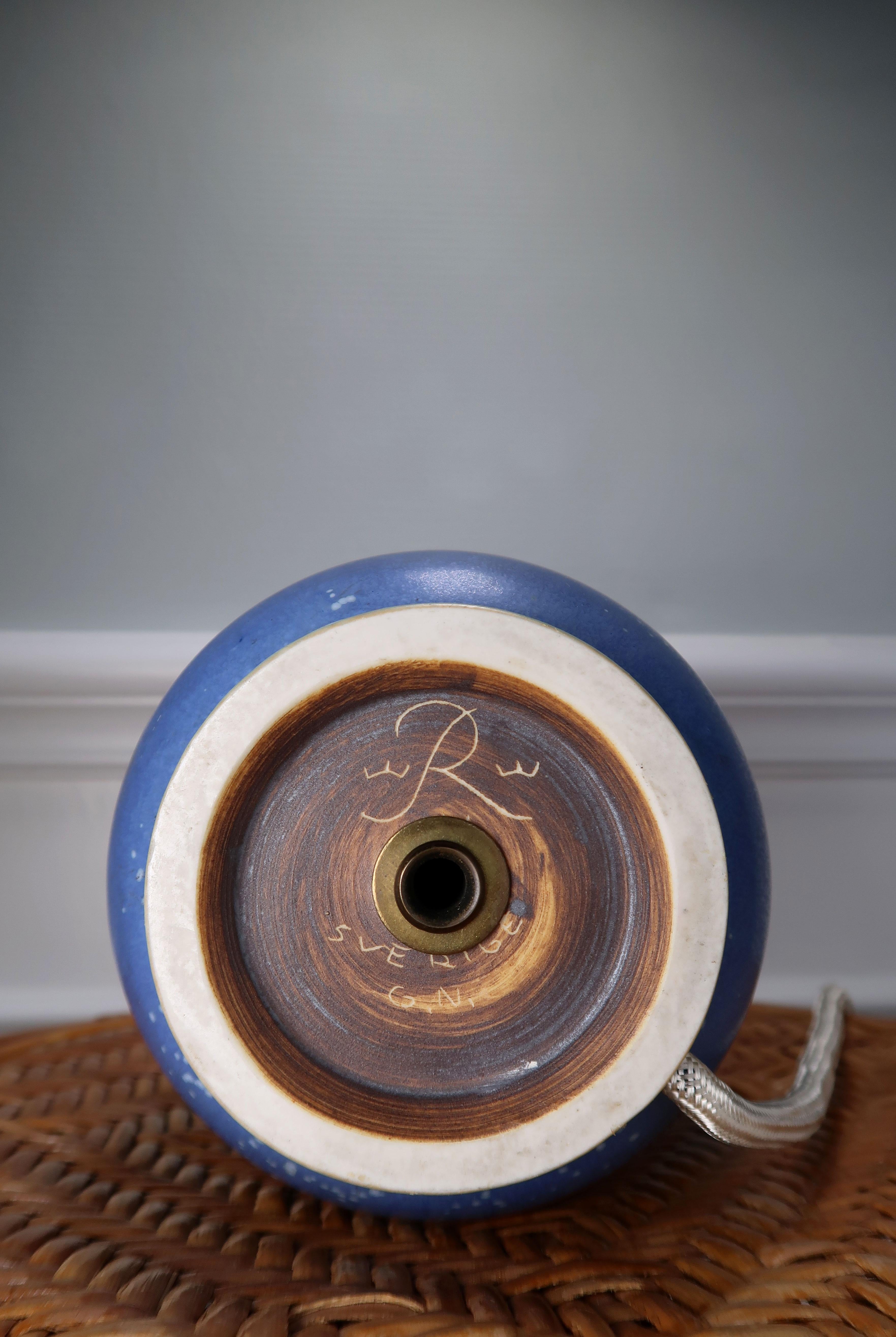Blue Swedish Ceramic Gunnar Nylund for Rörstrand Brass Top Table Lamp, 1960s 3