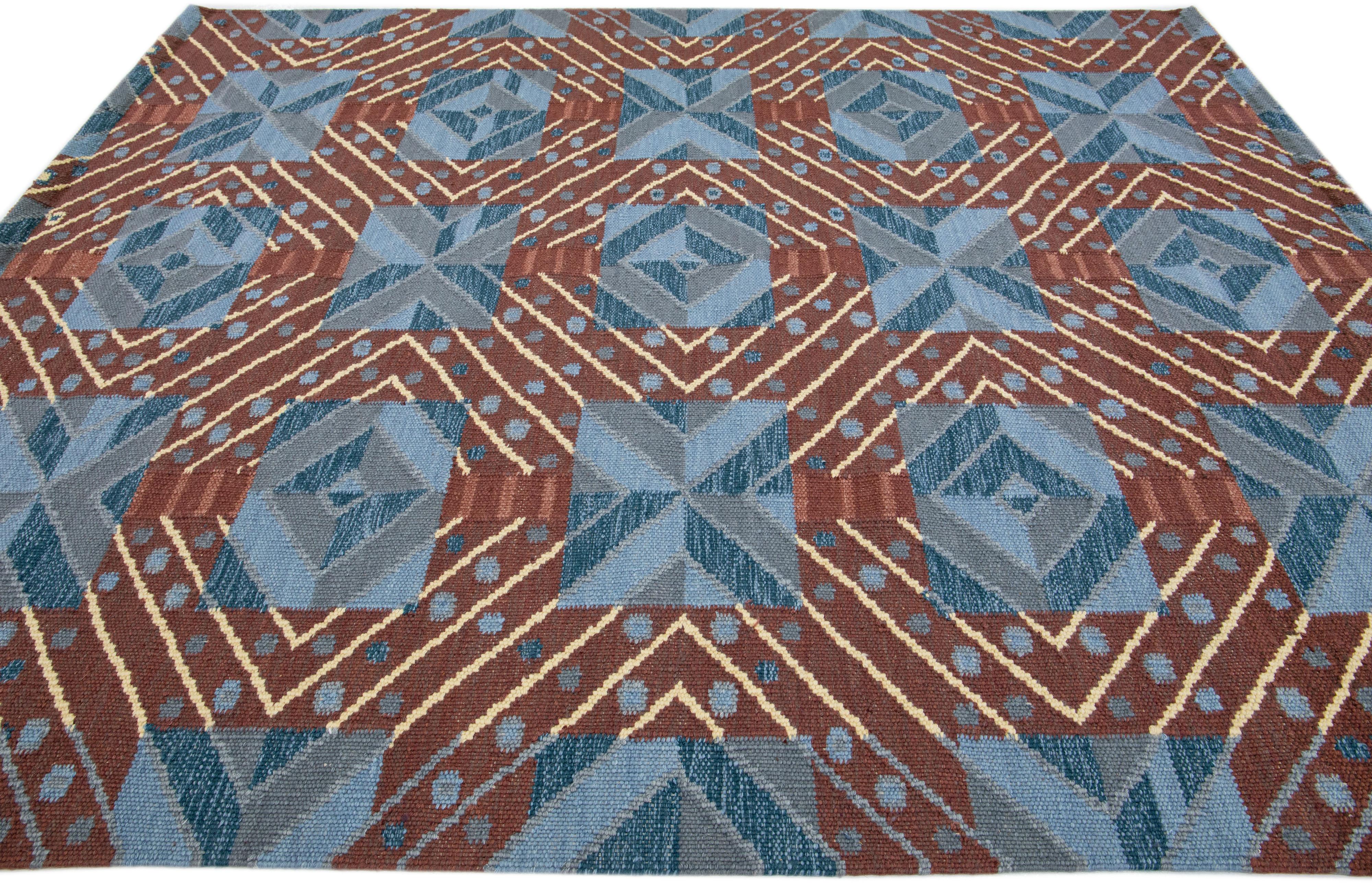 Indian Blue Swedish Style Handmade Wool Rug with Geometric Design For Sale