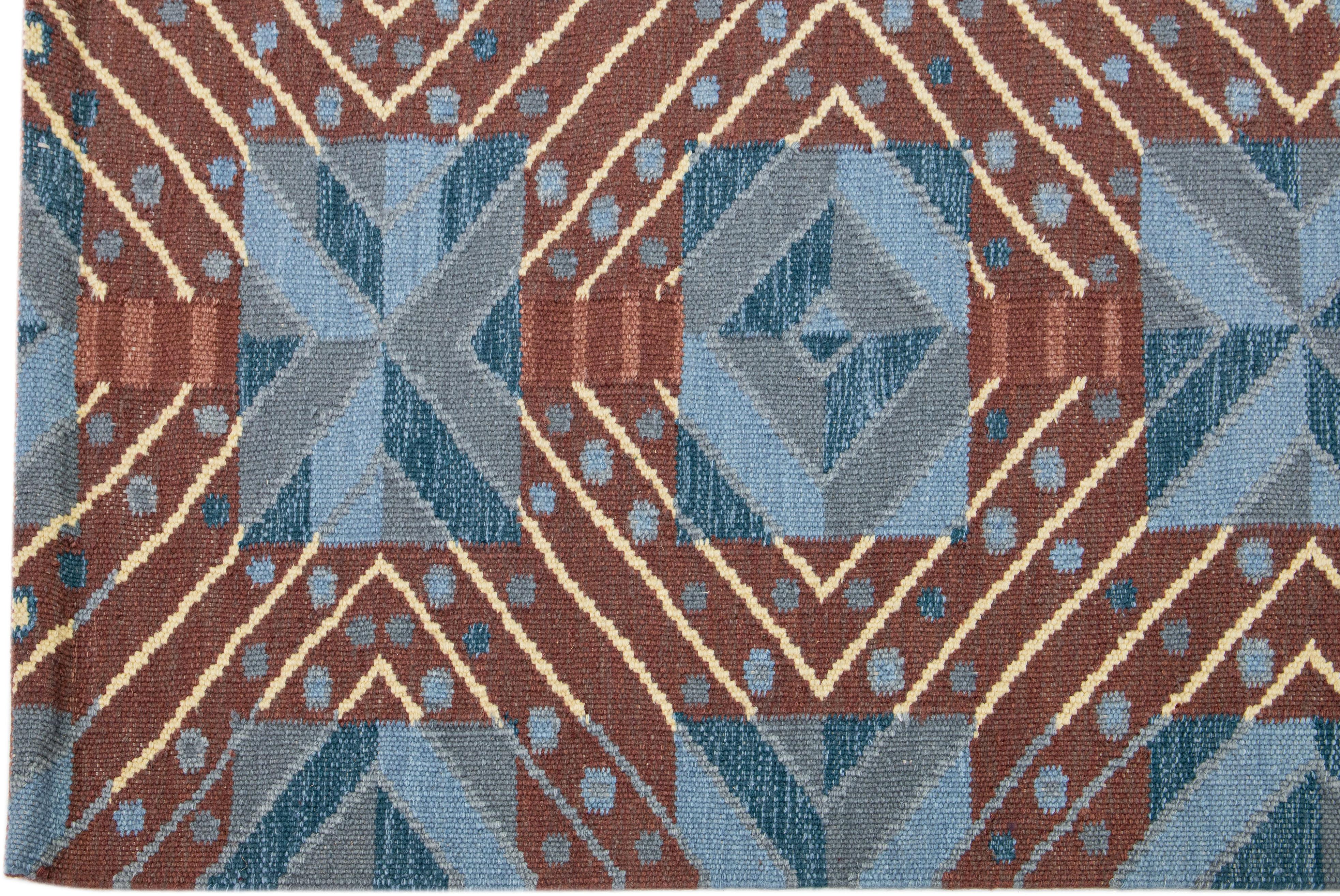 Hand-Knotted Blue Swedish Style Handmade Wool Rug with Geometric Design For Sale