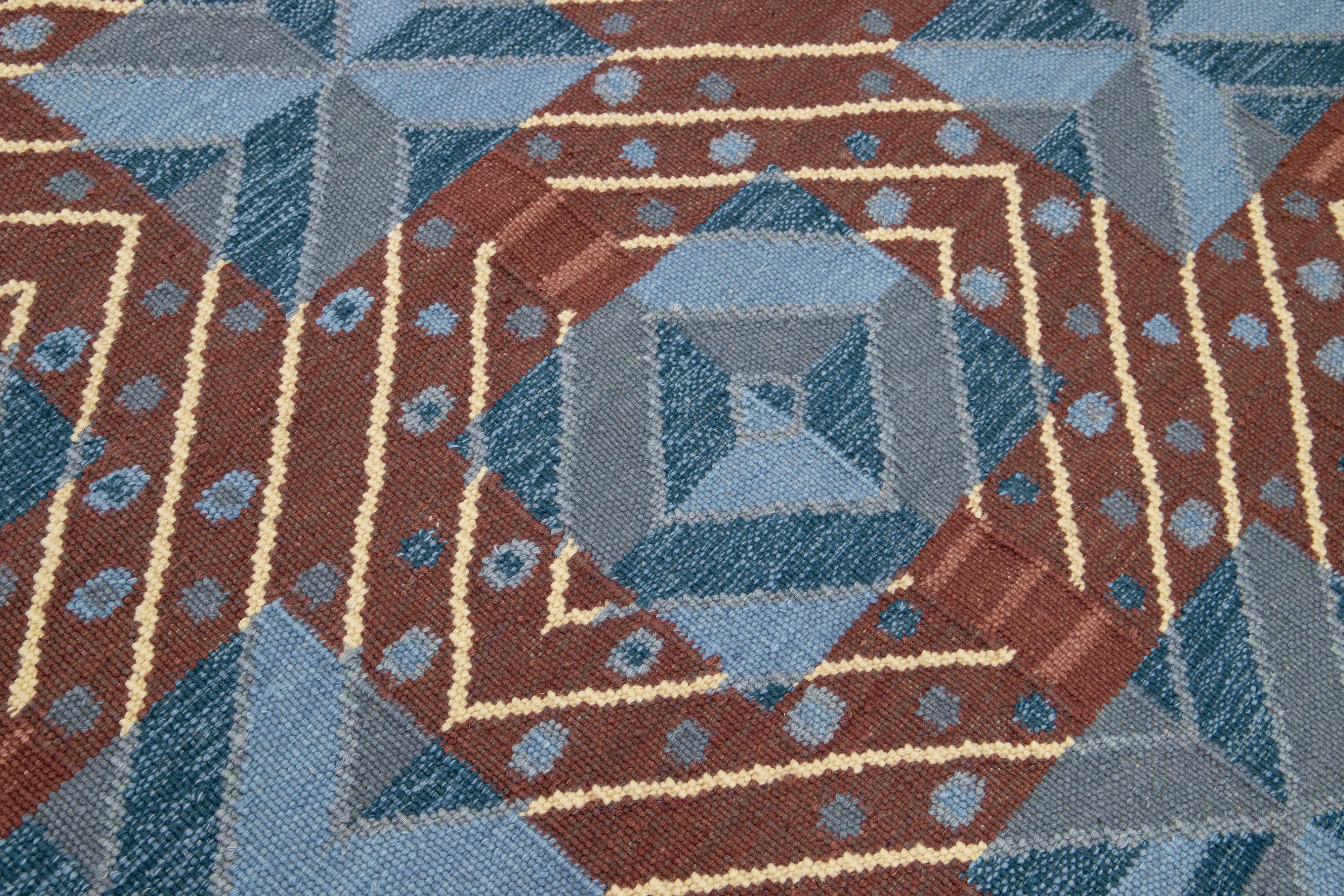 Blue Swedish Style Handmade Wool Rug with Geometric Design In New Condition For Sale In Norwalk, CT