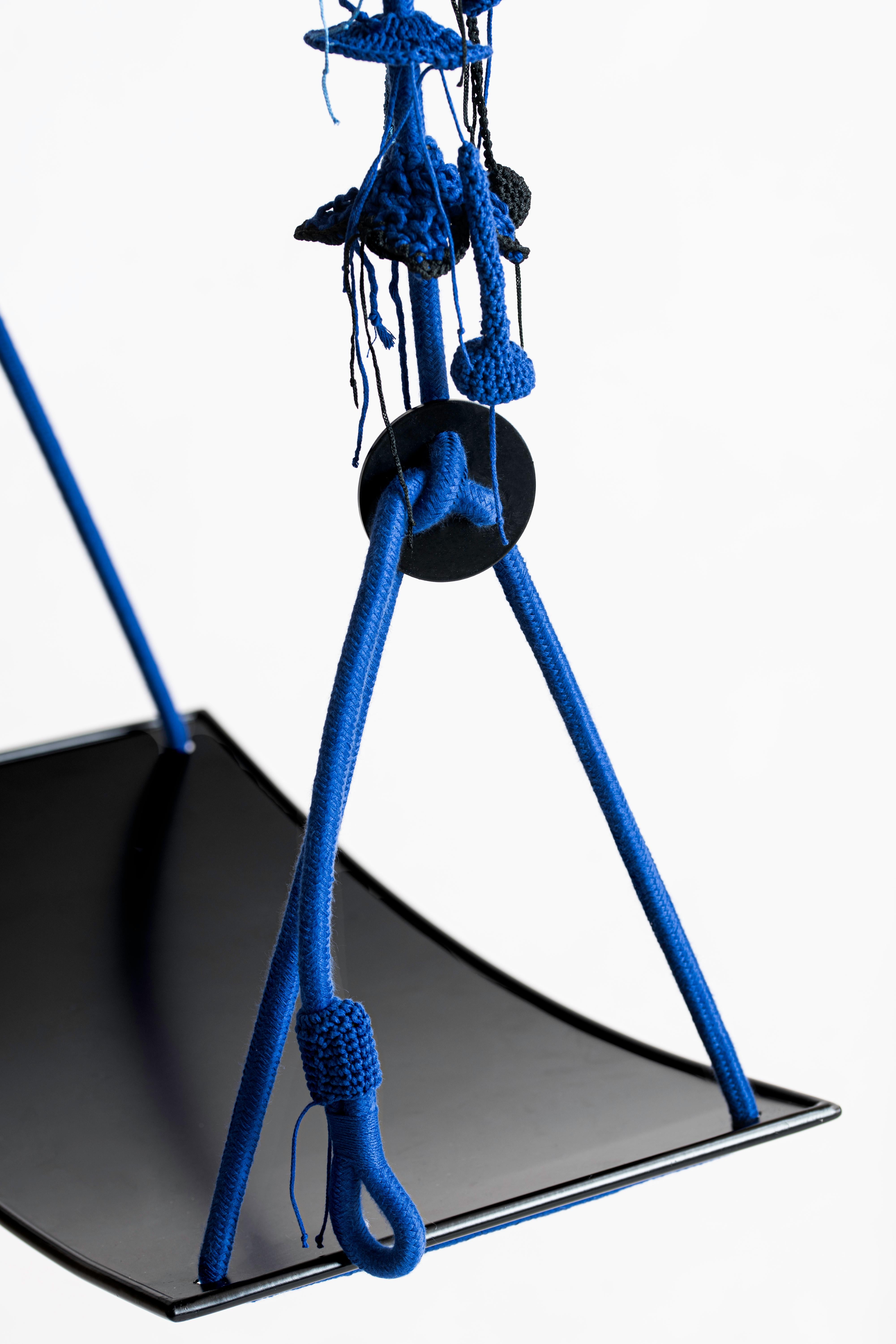 Blue Swing Handmade Crochet in Cotton and Polyester with Matte Iron Seat In New Condition In Tel Aviv, IL