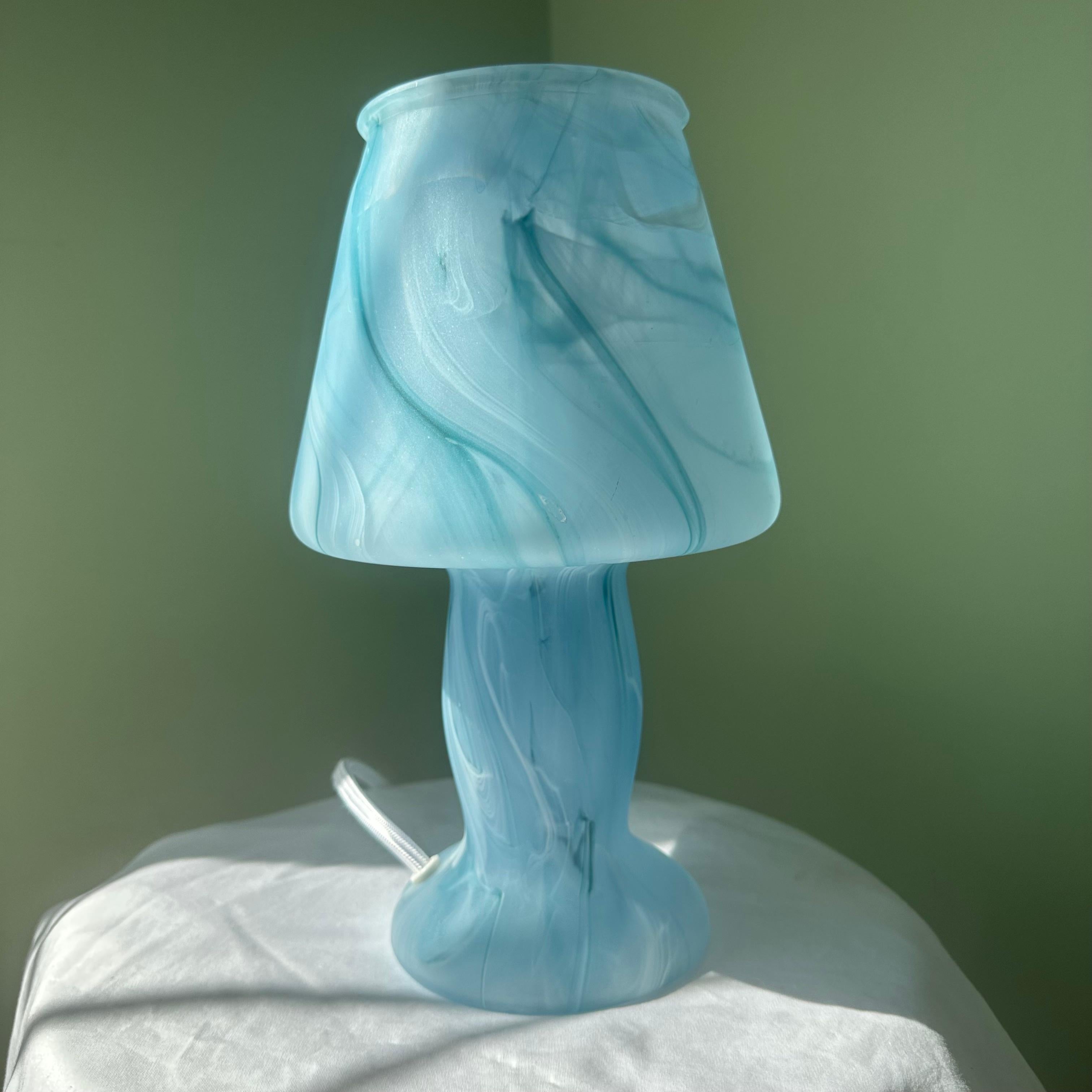 Swedish Blue Swirl Glass Mushroom Table Lamp For Sale