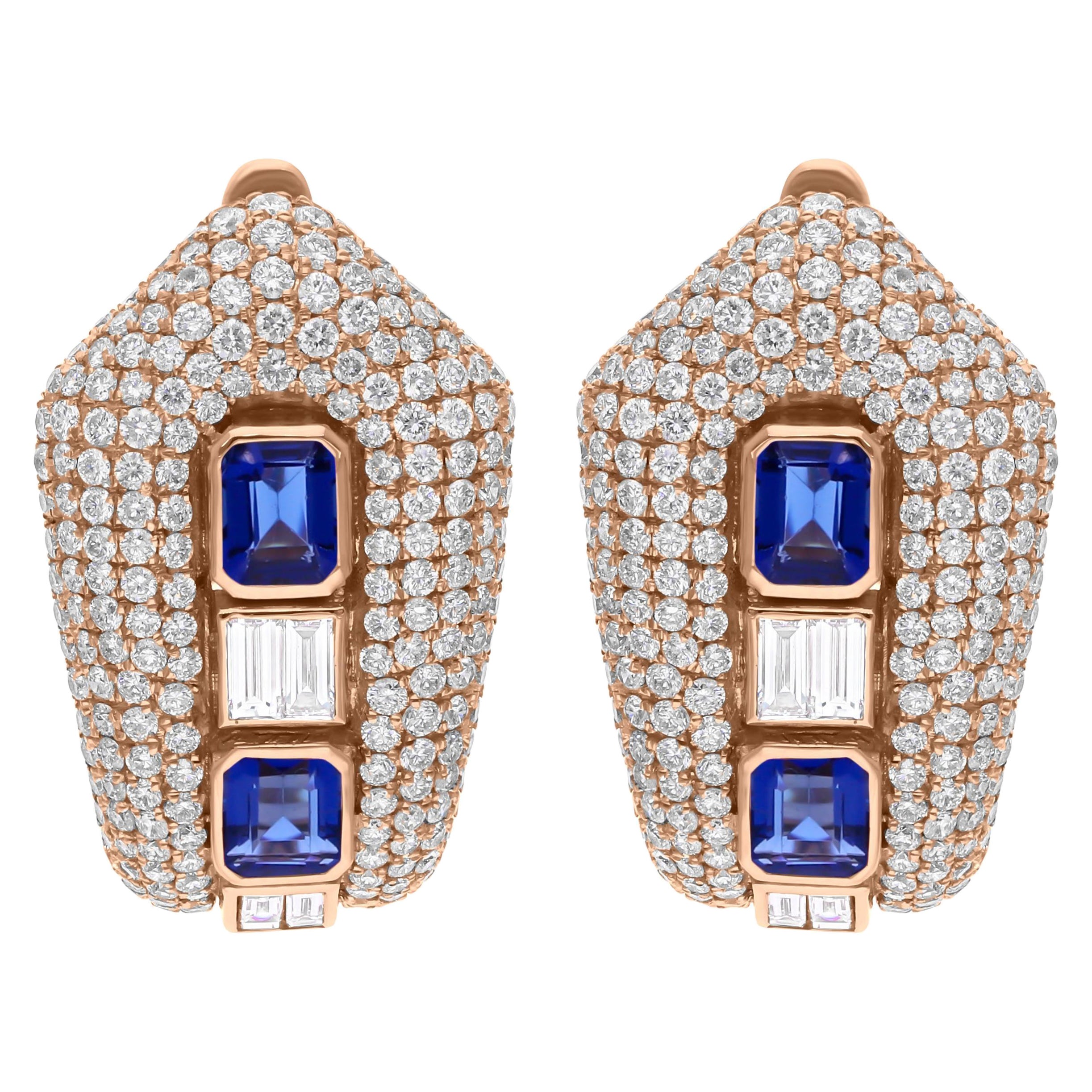 Blue Synthetic Sapphire Natural Diamond Studded Clip-on Earrings 14k Rose Gold For Sale