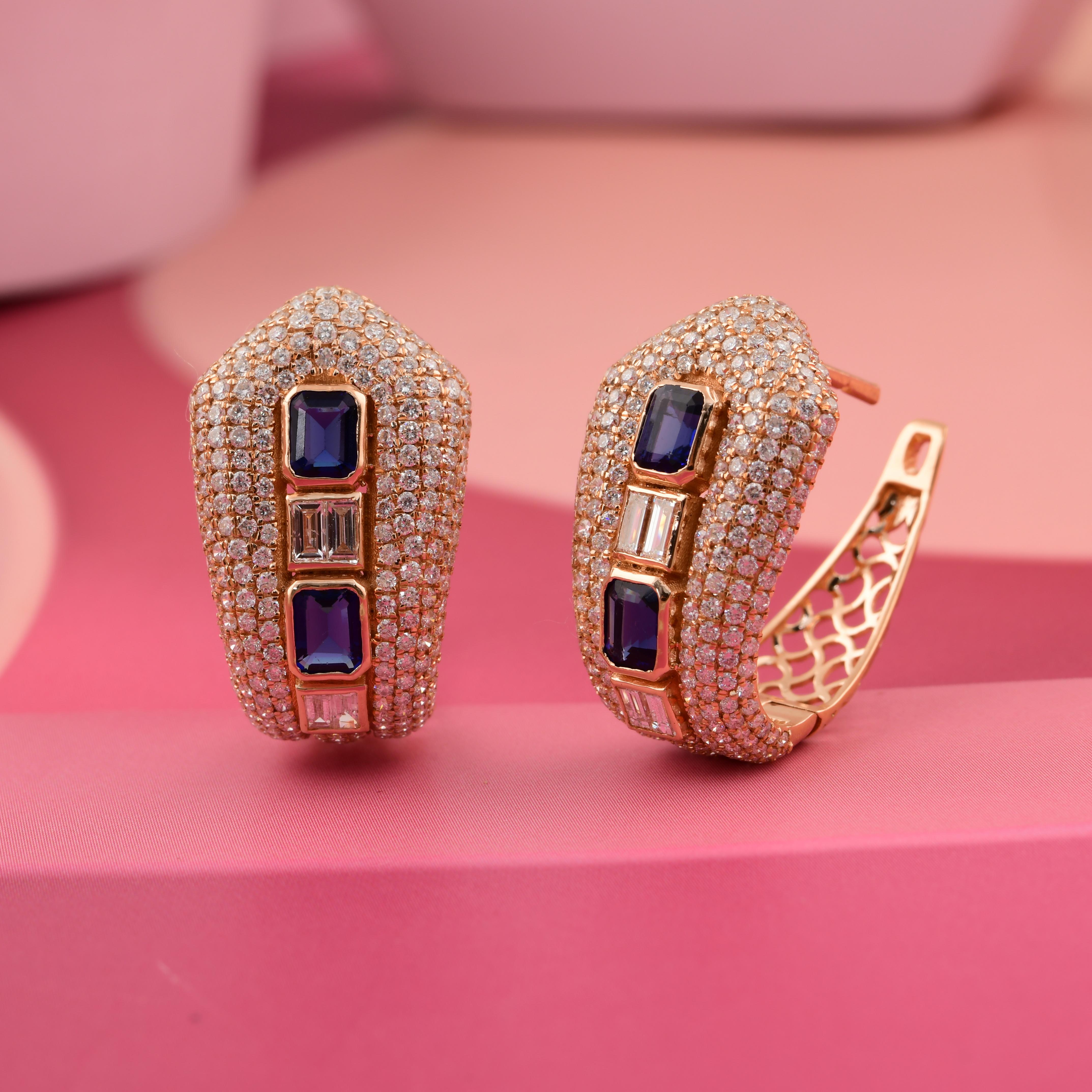 Art Déco Orecchini a clip con zaffiro sintetico blu e diamanti naturali in oro rosa 18 carati in vendita