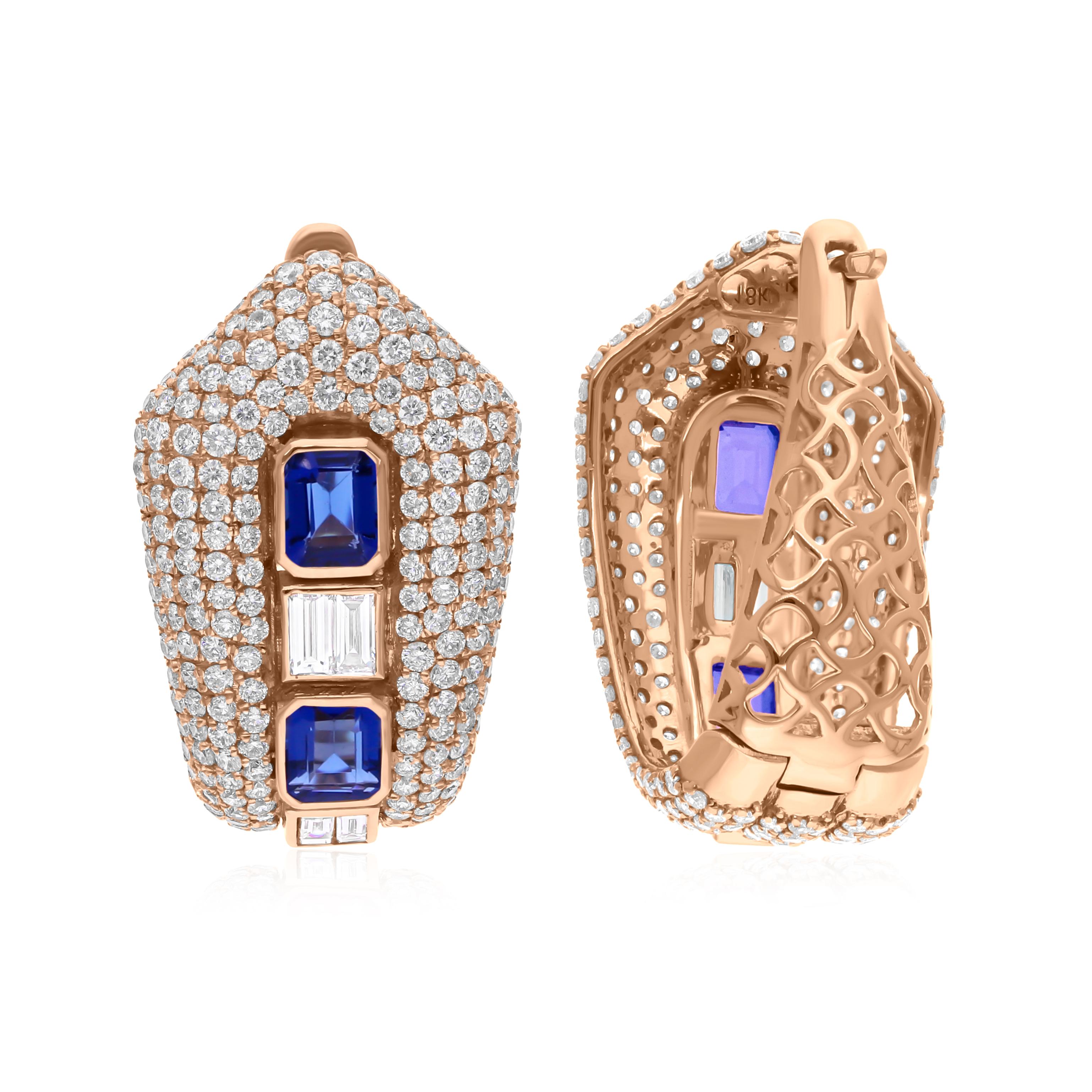 Donna Orecchini a clip con zaffiro sintetico blu e diamanti naturali in oro rosa 18 carati in vendita
