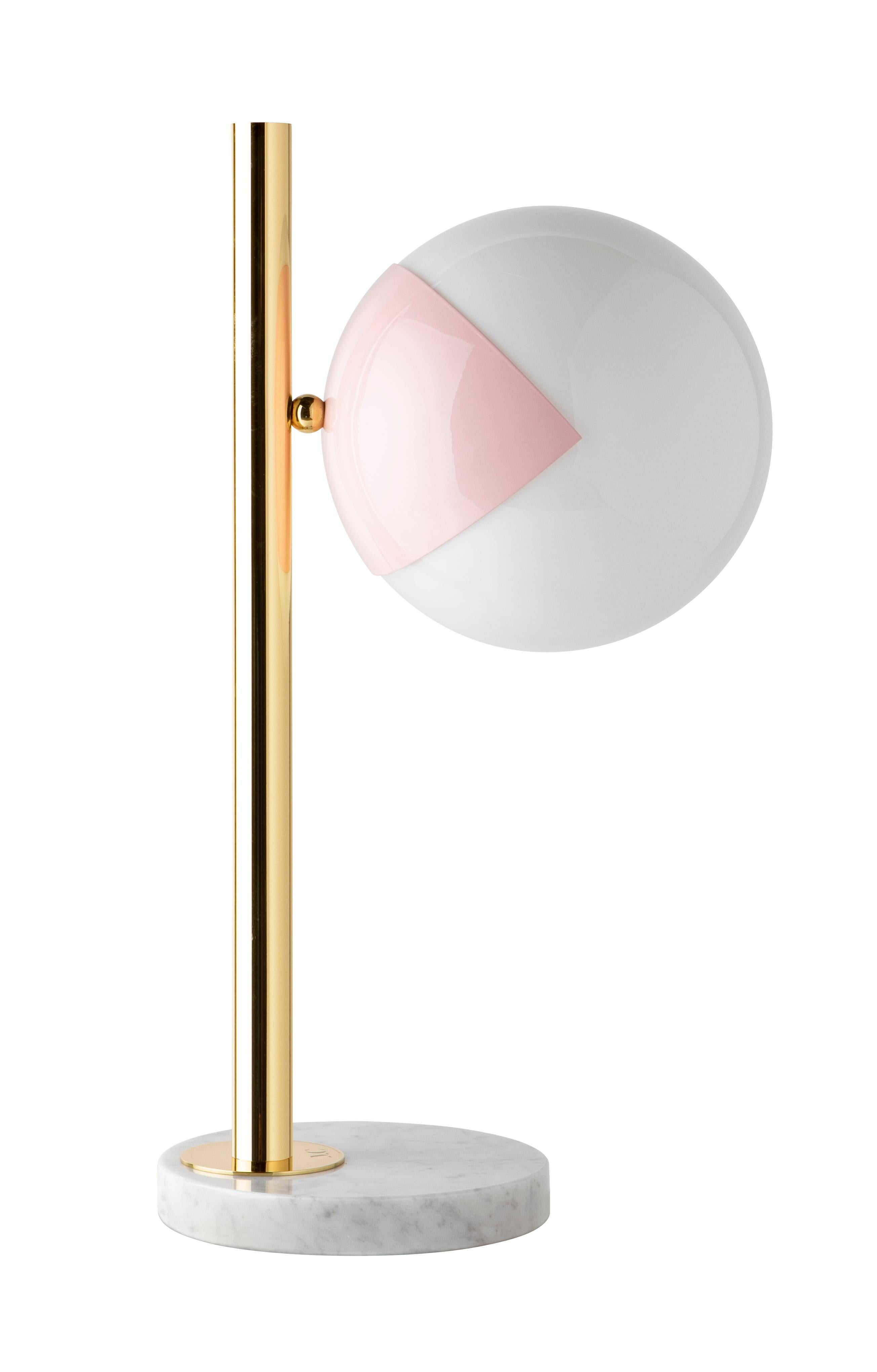Blue table lamp pop-up dimmable by Magic Circus Editions
Dimensions: Ø 22 x 30 x 53 cm 
Materials: Carrara marble base, smooth brass tube, glossy mouth blown glass
Also non-dimmable version available.

All our lamps can be wired according to