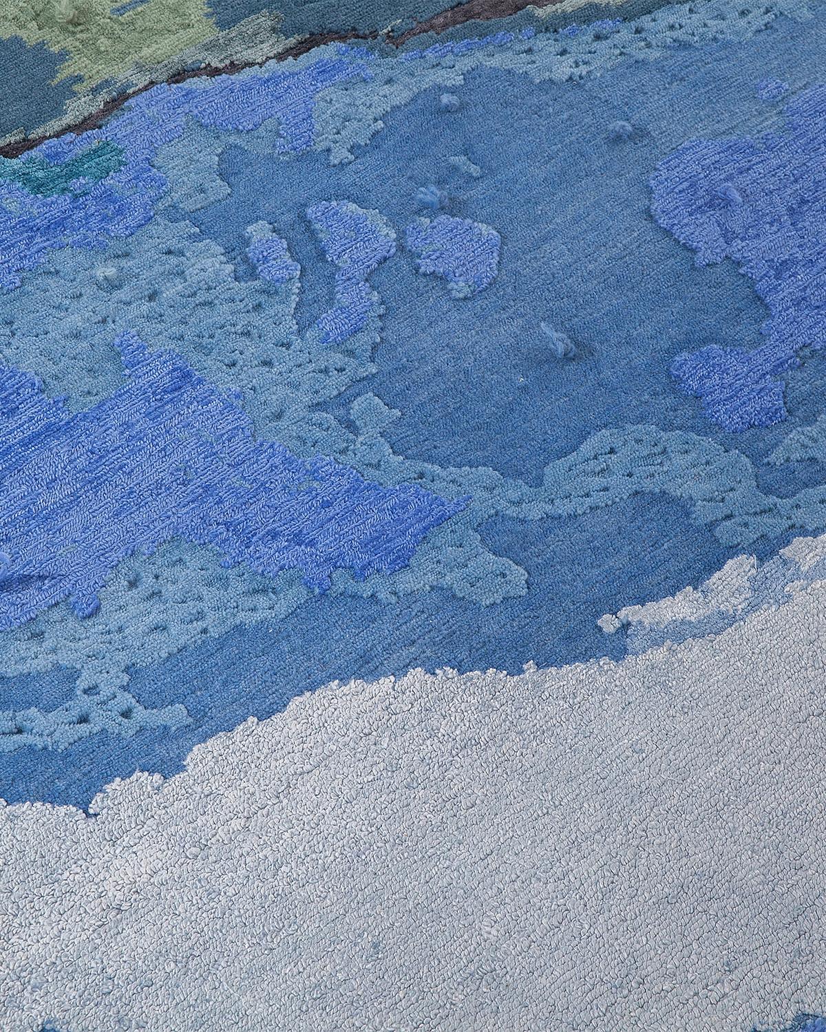 Post-Modern Blue Tactile 300 Round Rug in Hand-knotted Wool and Bamboo Silk by Mohebban For Sale