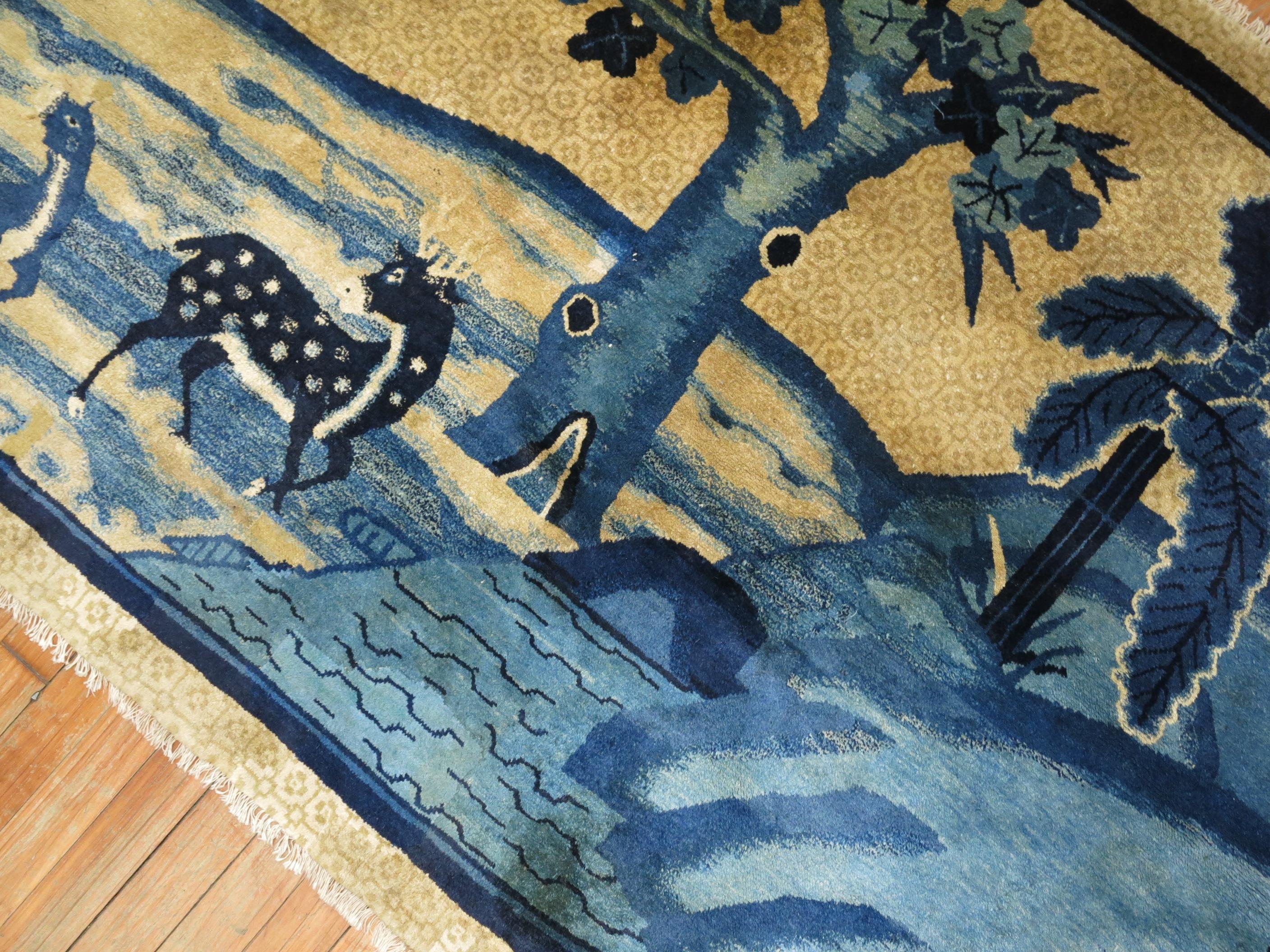 Blue Tan Chinese Animal Pictorial Landscape Rug For Sale 3