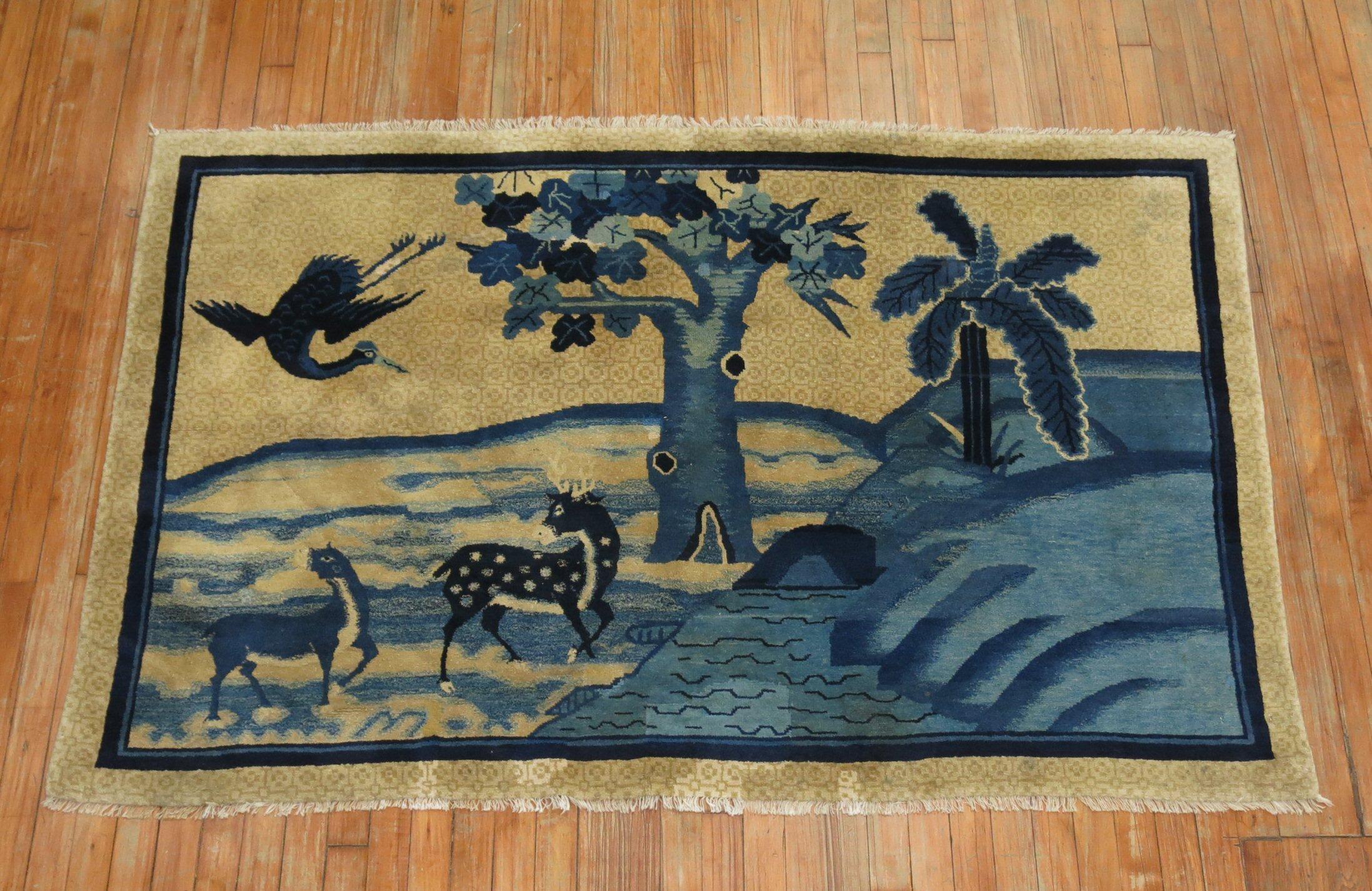 Blue Tan Chinese Animal Pictorial Landscape Rug (Chinesischer Export) im Angebot