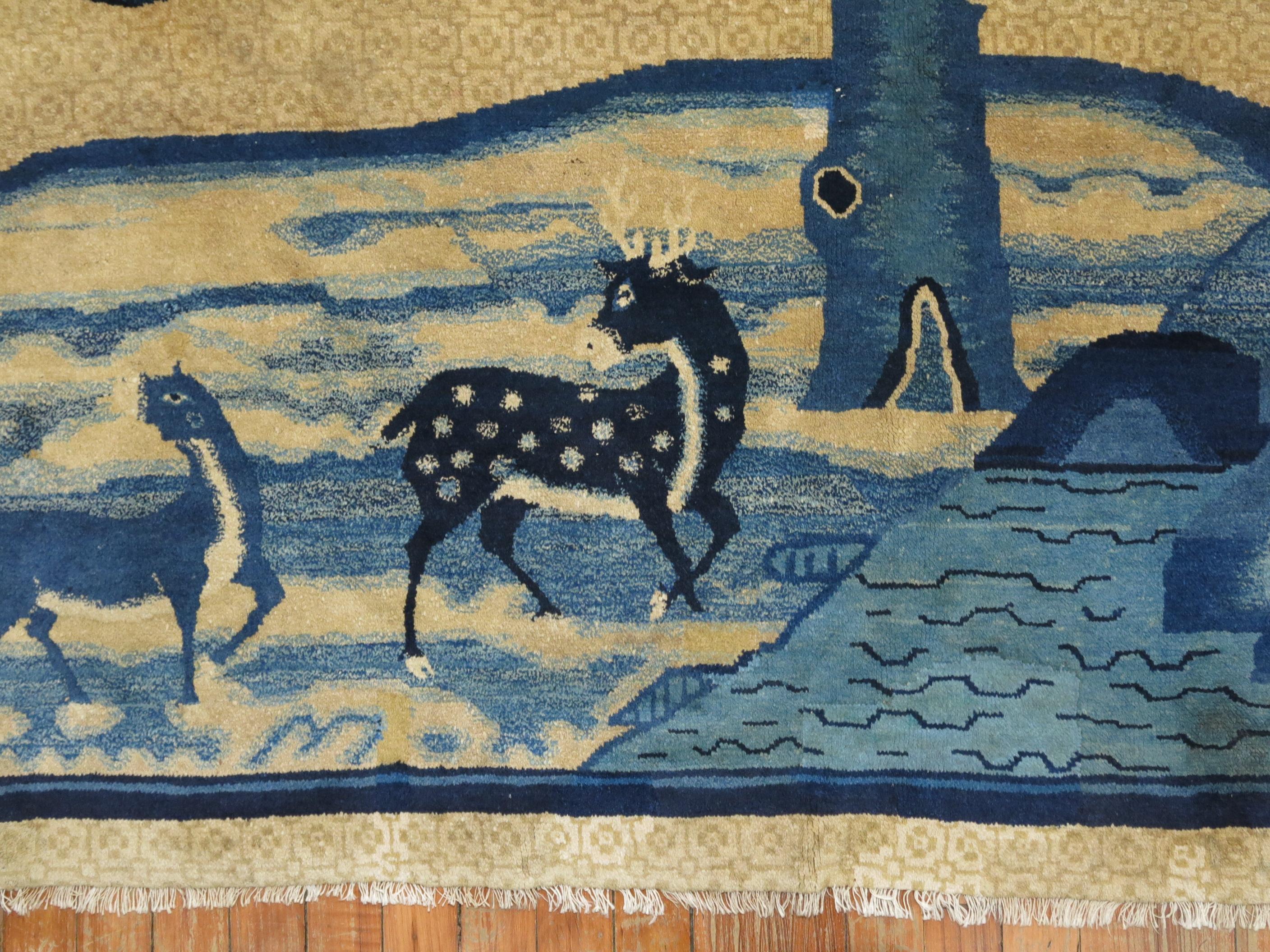 Blue Tan Chinese Animal Pictorial Landscape Rug (Chinesisch) im Angebot