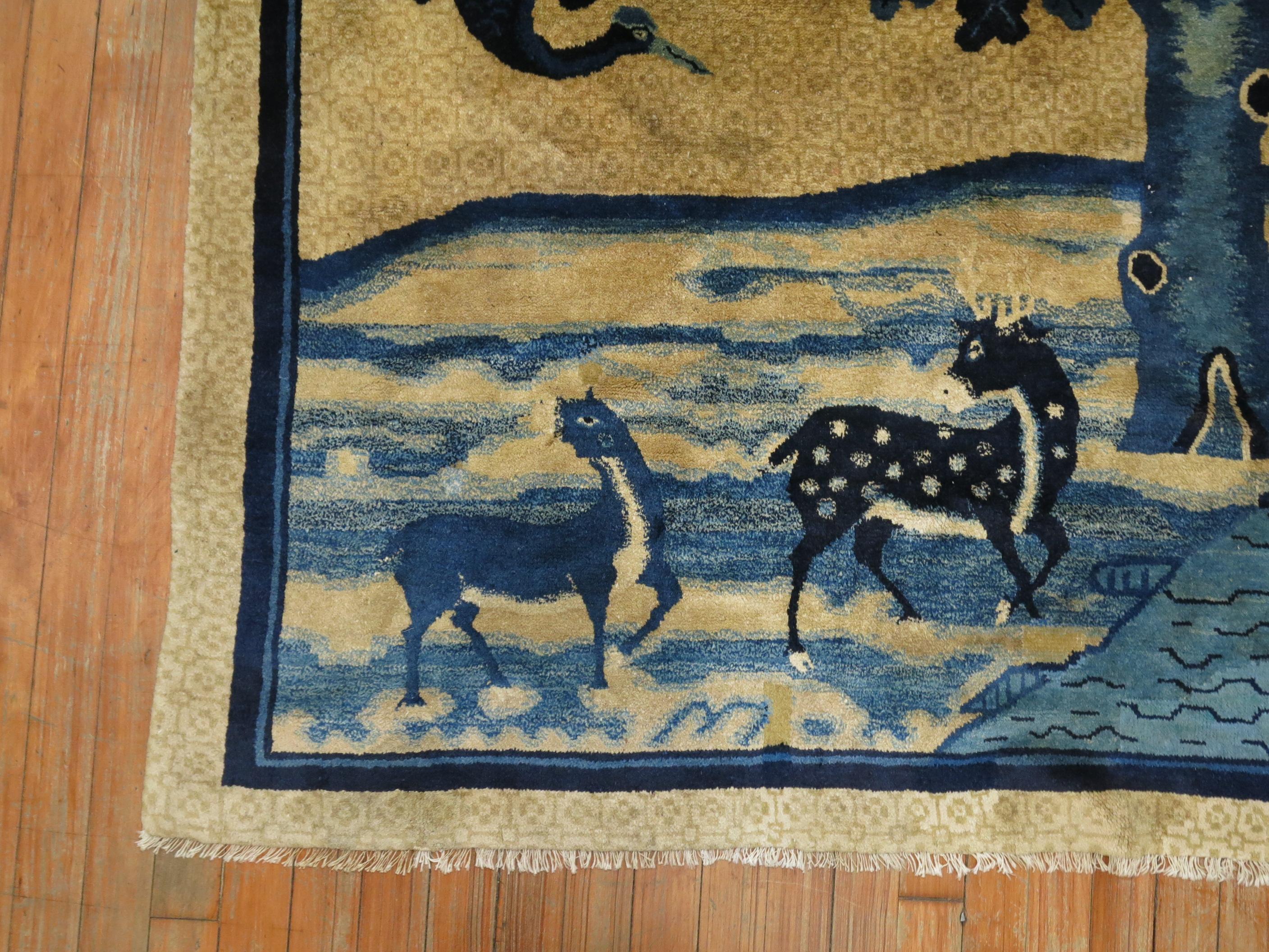 Blue Tan Chinese Animal Pictorial Landscape Rug In Good Condition For Sale In New York, NY