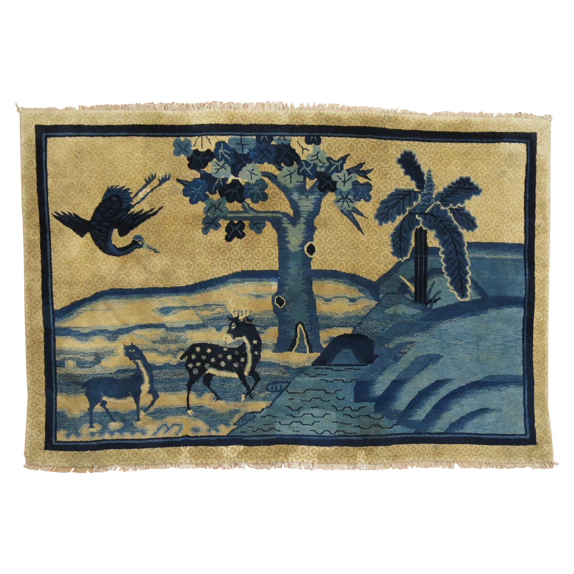 Blue Tan Chinese Animal Pictorial Landscape Rug