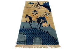 Blue & Tan Chinese Antique Peking Handmade Wool Rug with Pictorial Design