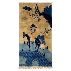 Blue & Tan Chinese Antique Peking Handmade Wool Rug with Pictorial Design