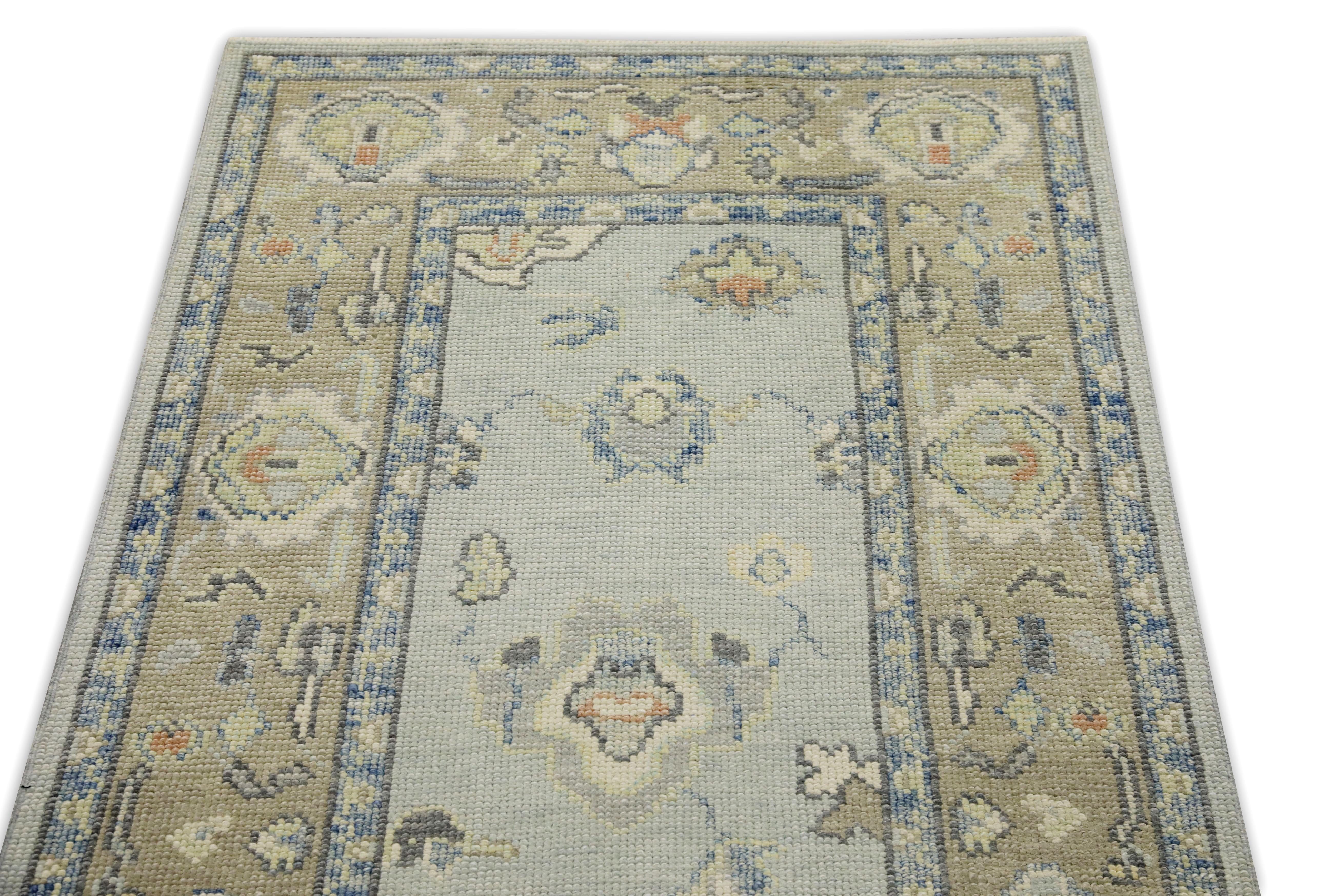 Blue & Tan Floral Design Handwoven Wool Turkish Oushak Runner In New Condition For Sale In Houston, TX