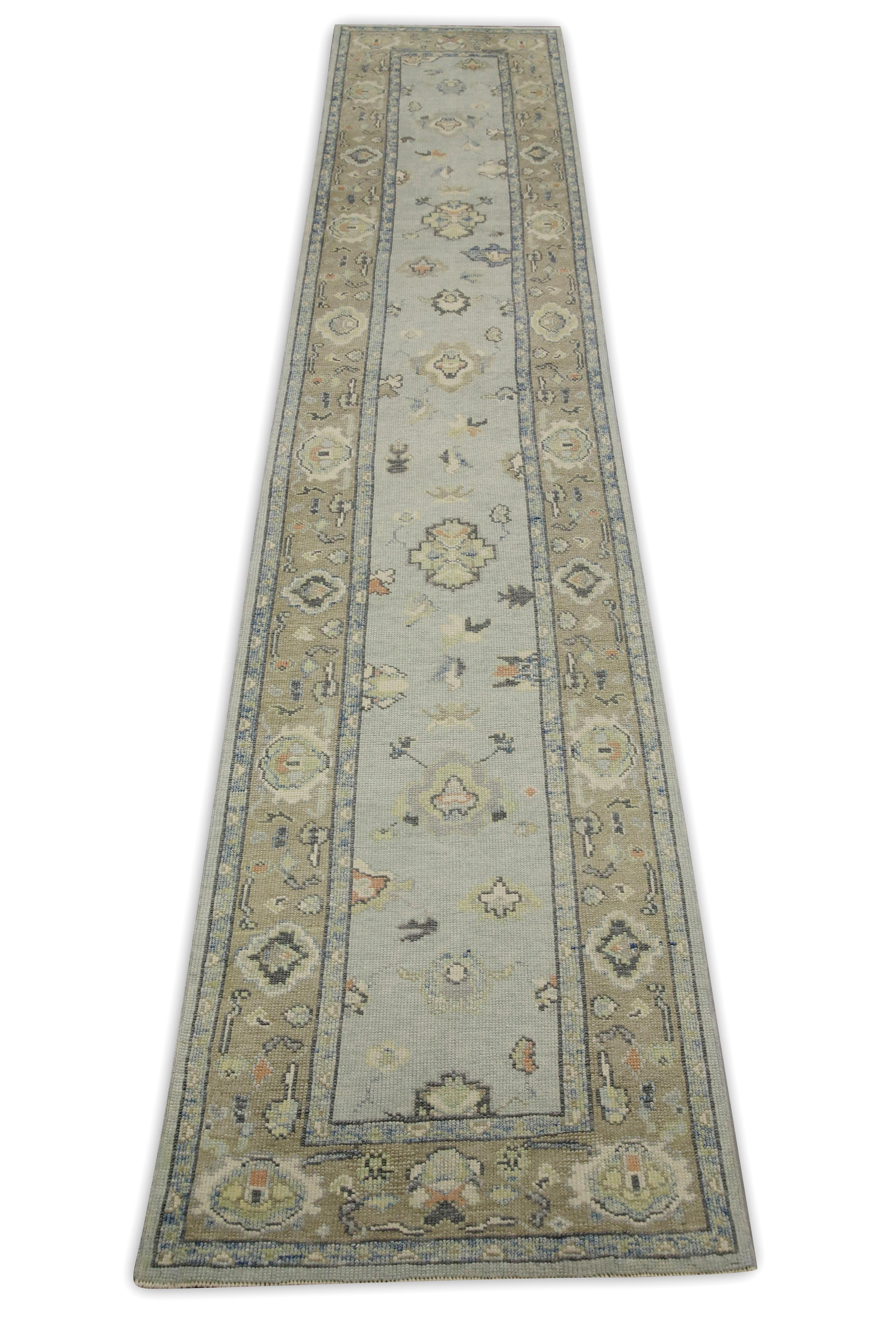 Contemporary Blue & Tan Floral Design Handwoven Wool Turkish Oushak Runner For Sale